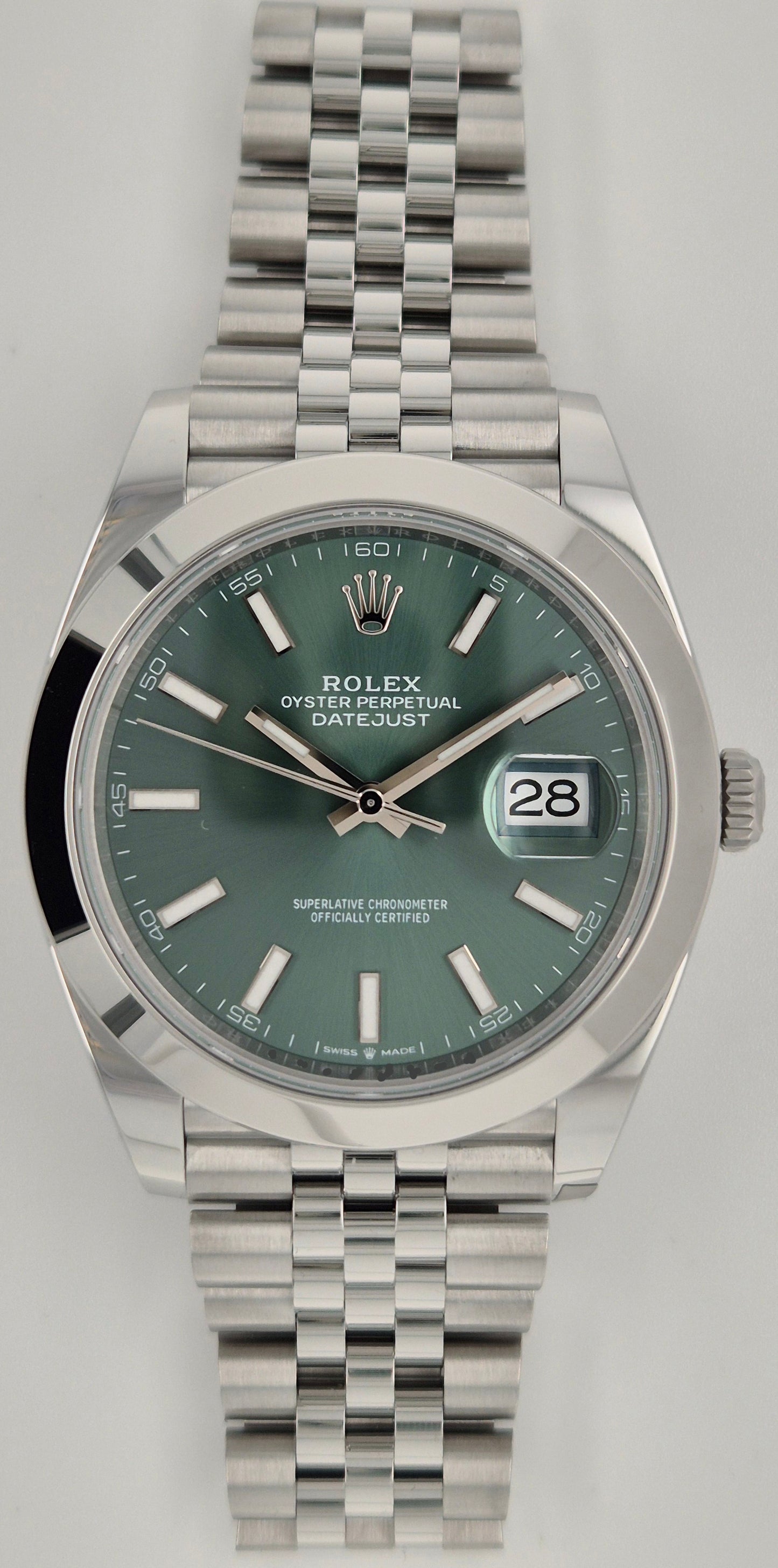 Rolex Datejust 41 Mint Green Dial Smooth Bezel Jubilee Stainless Steel 126300 front