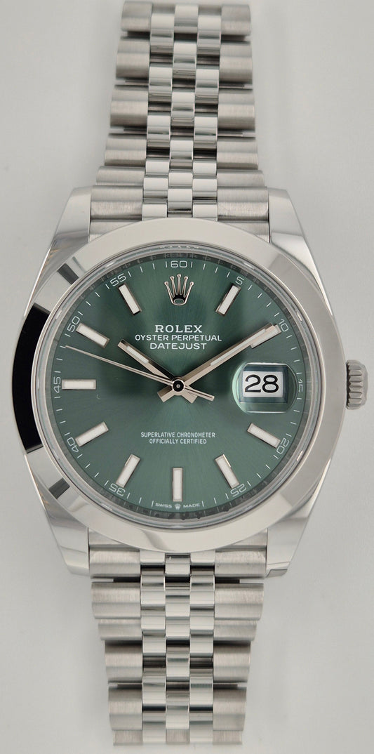 Rolex Datejust 41 Mint Green Dial Smooth Bezel Jubilee Stainless Steel 126300 front