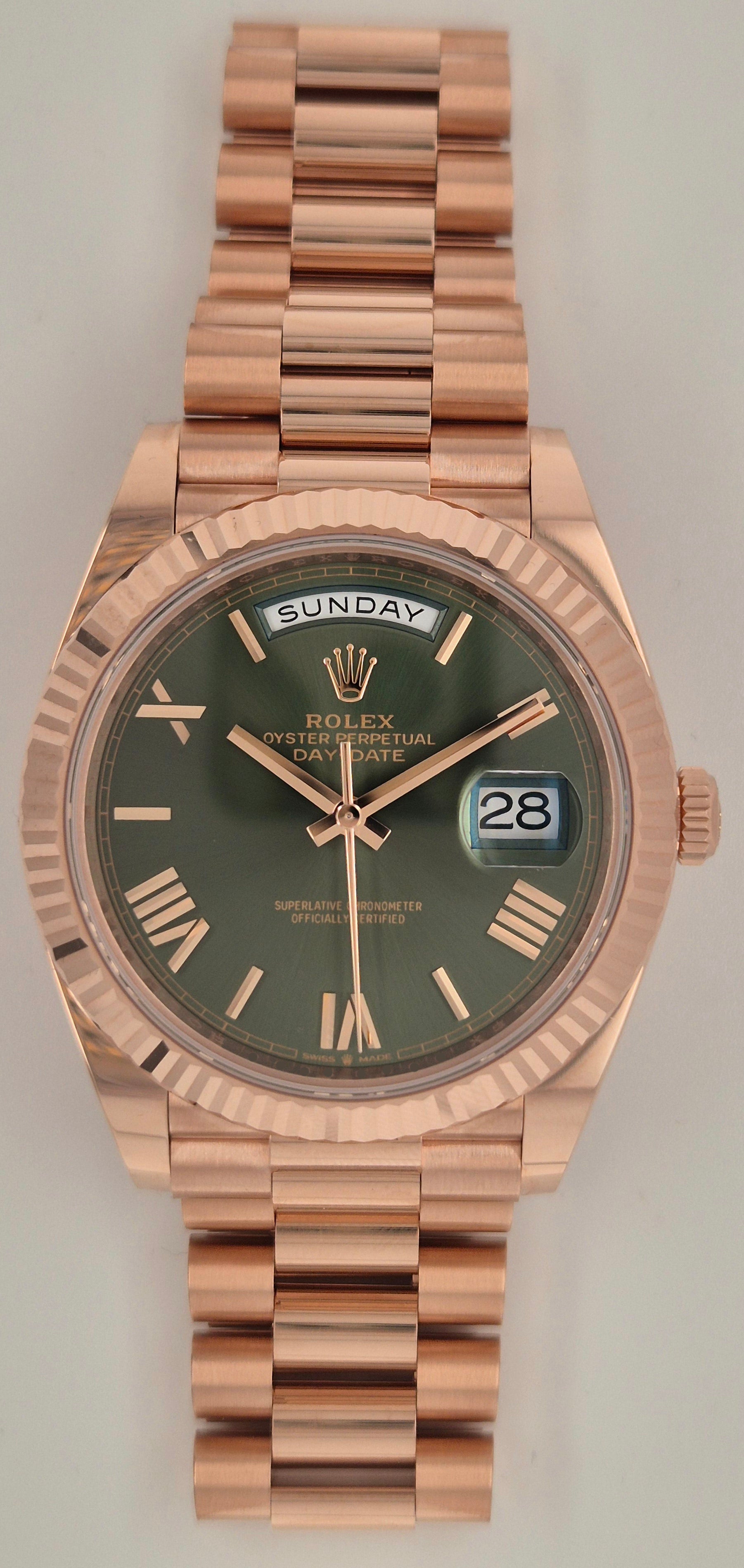 Rolex Day-Date 40 Olive Green Roman Everose Gold 228235 60th Anniversary front