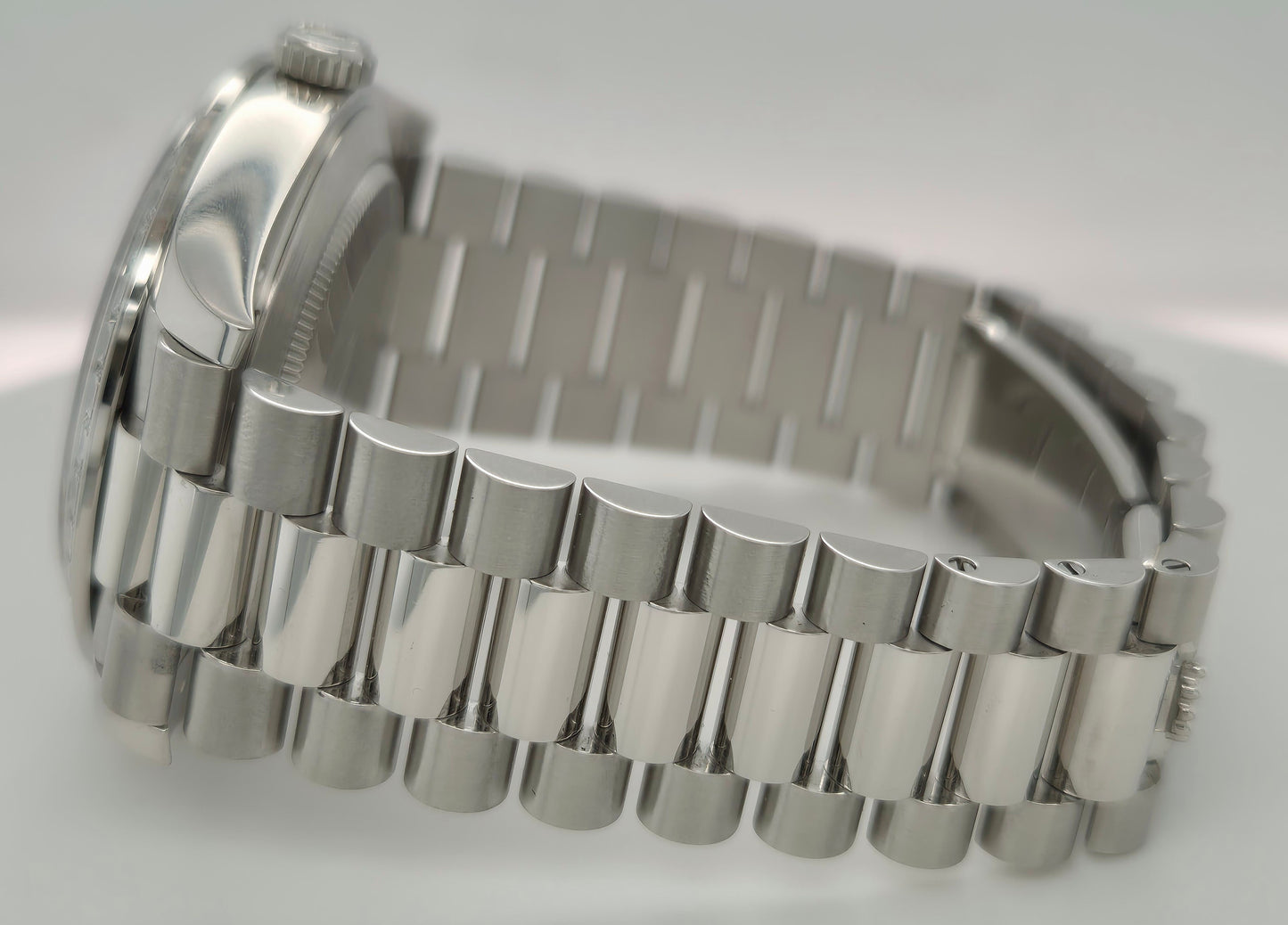 Rolex Day-Date 40 Platinum Ice Blue Factory Diamond Baguette Dial and Bezel 228396TBR side left