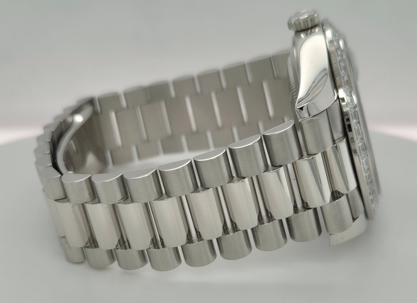 Rolex Day-Date 40 Platinum Ice Blue Factory Diamond Baguette Dial and Bezel 228396TBR side right