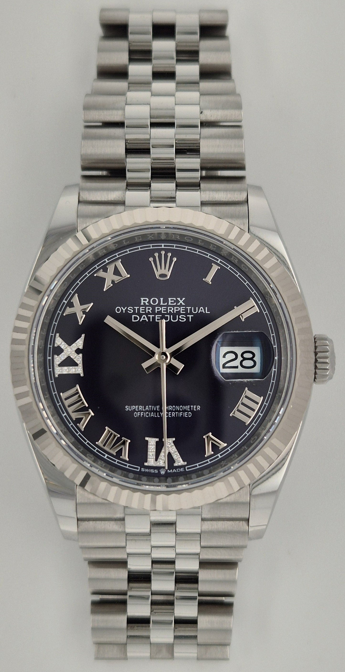 Rolex Datejust 36 Fluted Bezel Stainless Steel Aubergine (Purple) Diamond Set Dial - Roman VI and IX Jubilee 126234 front