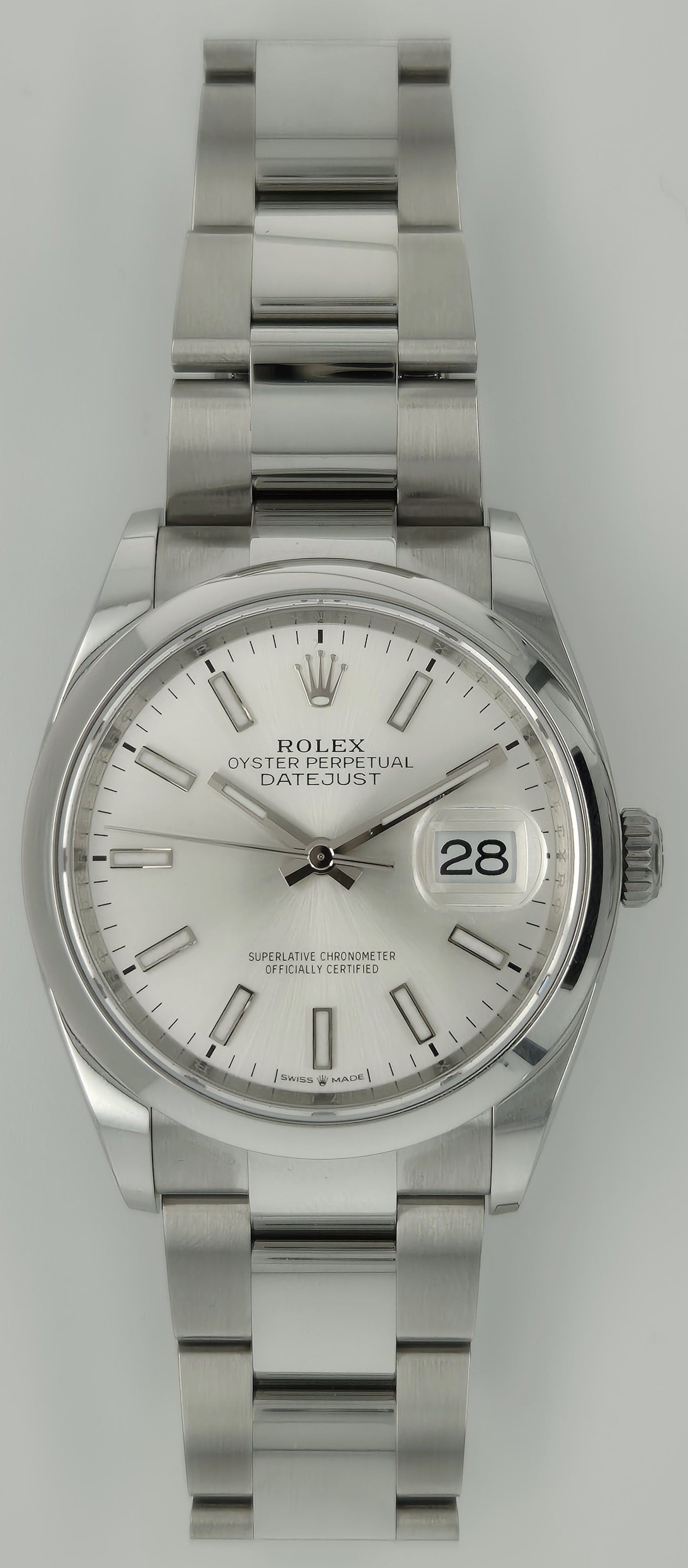 Rolex Datejust 36 Stainless Steel Smooth Silver Index Dial "Silver Sticks" Oyster 126200 front