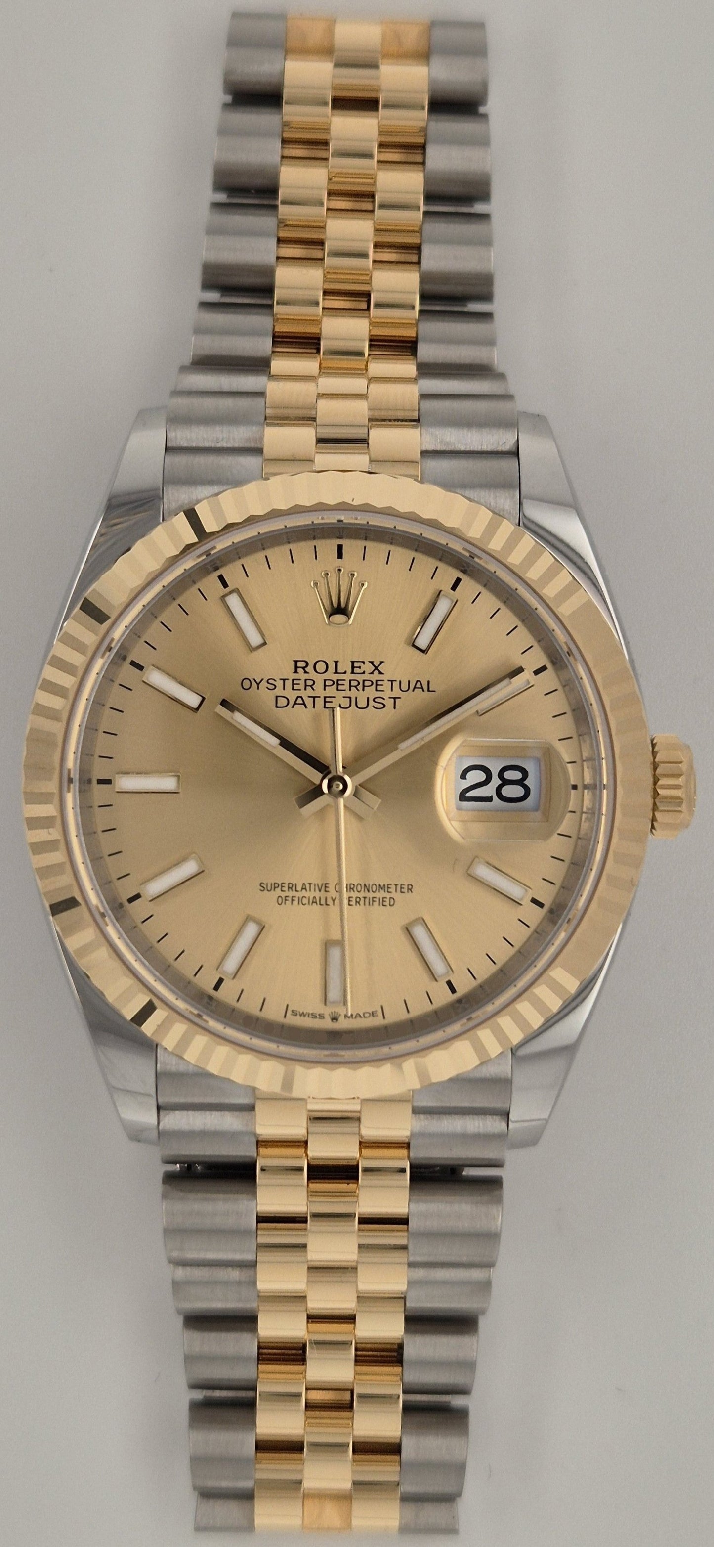 Rolex Datejust 36 Champagne Dial Two Tone Yellow Gold Fluted 126233 front