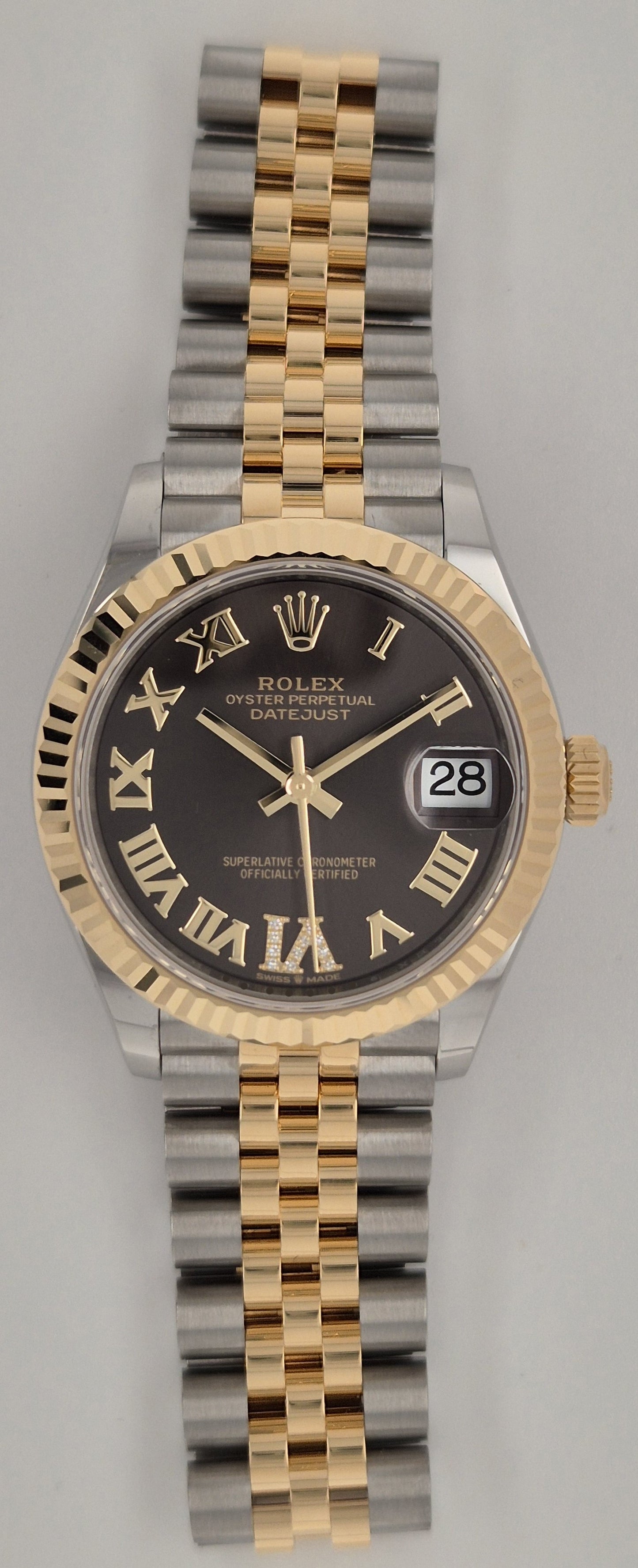 Rolex Datejust 31 Rhodium Roman Diamond Pave VI Dial Two Tone Yellow Gold 278273 front