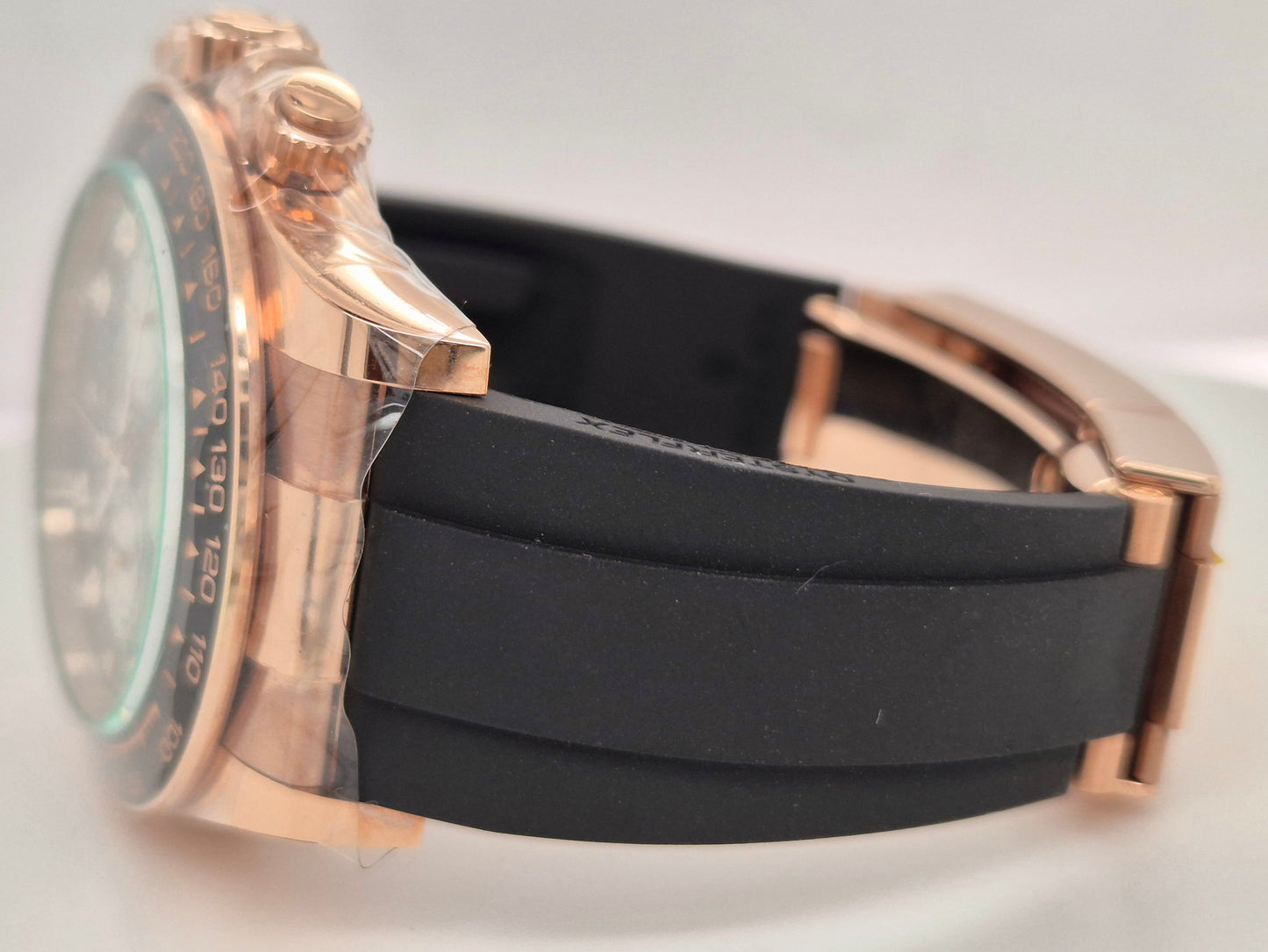 Rolex Daytona Oyster Flex Rose Gold Black Diamond Dial 126515LN side left