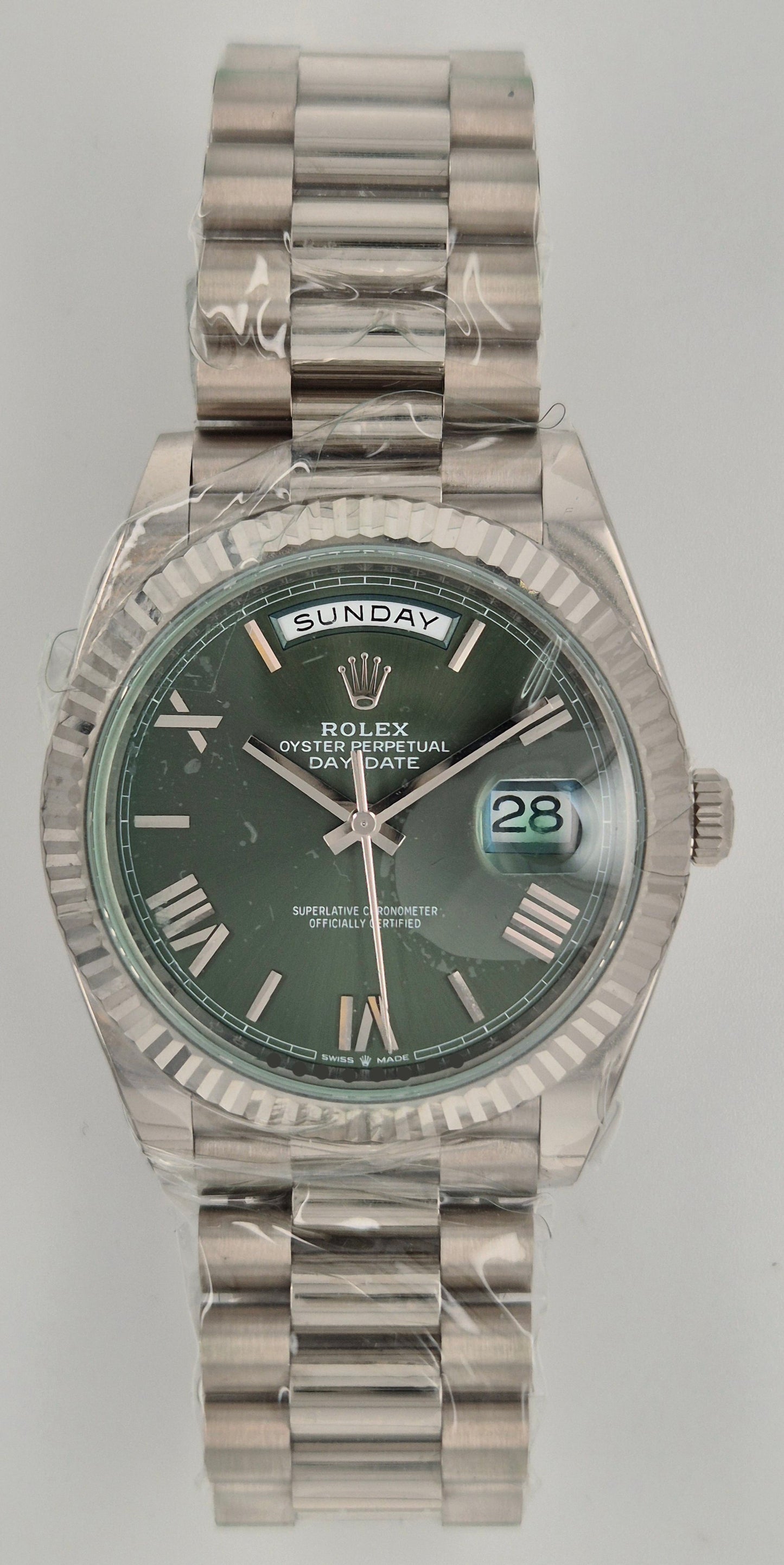 Rolex Day-Date 40 Olive Green Roman Dial White Gold 228239 front