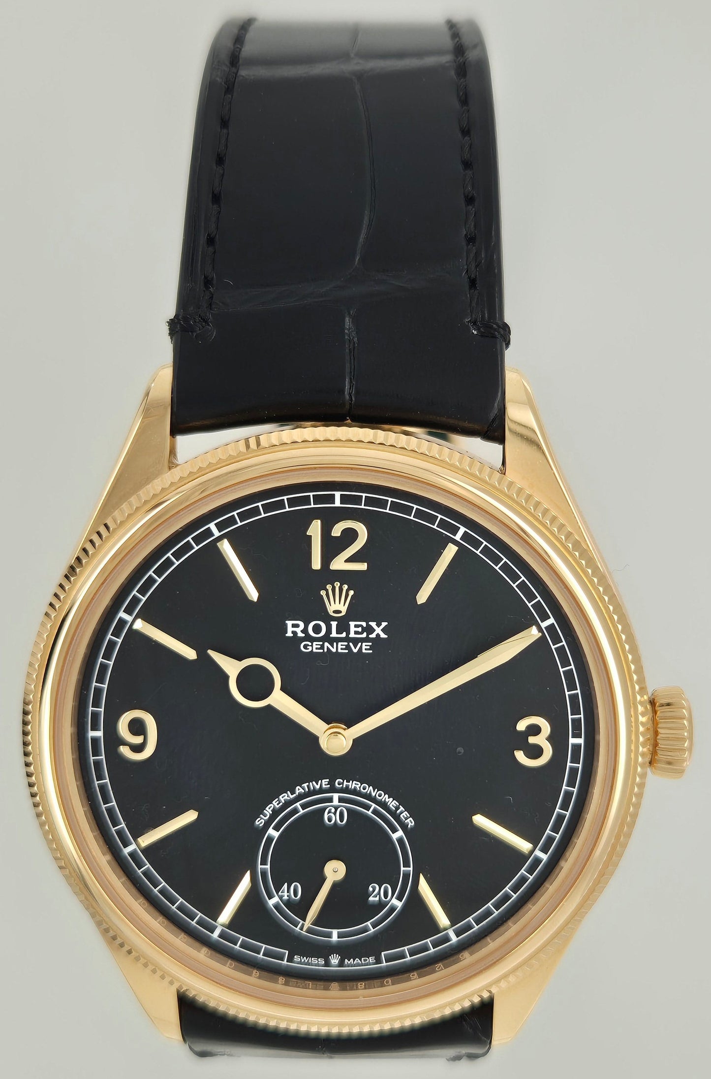 Rolex 1908 Black Dial Yellow Gold Leather Q1 52508 front