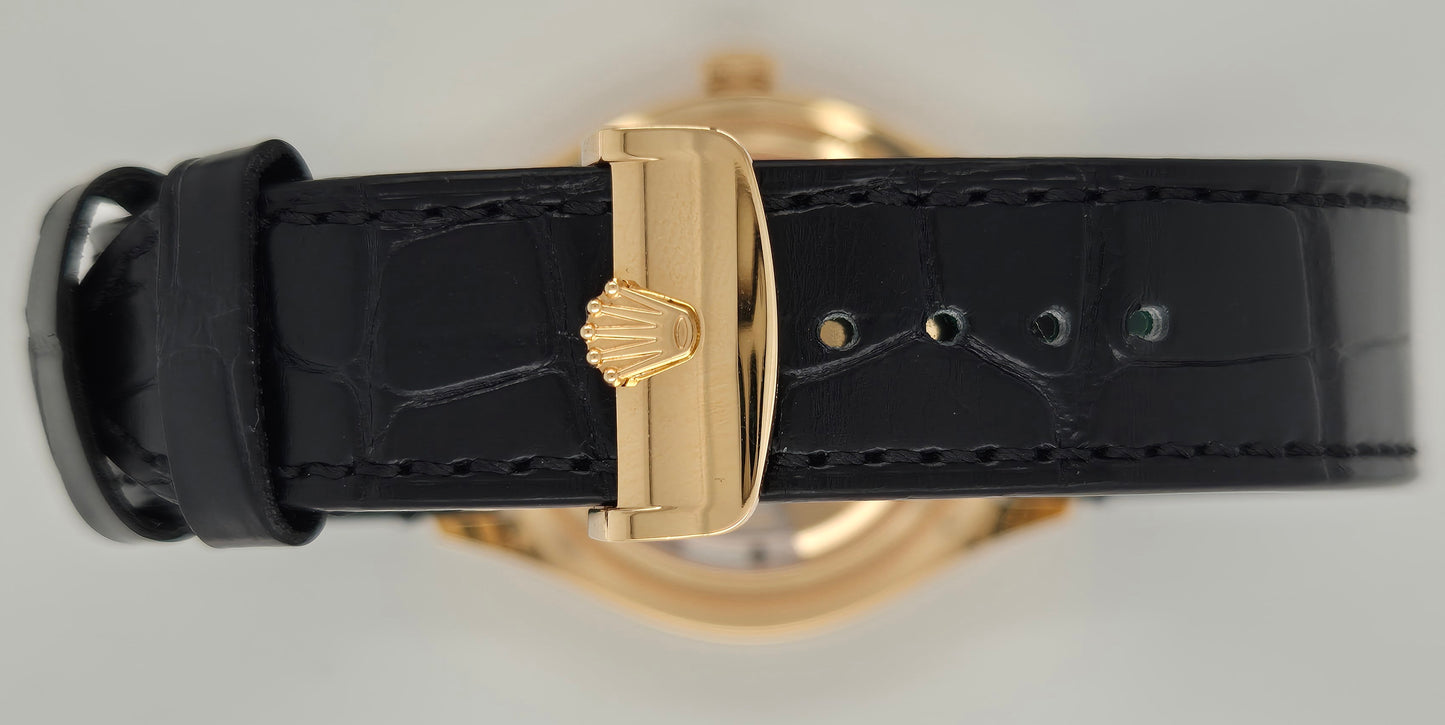 Rolex 1908 Black Dial Yellow Gold Leather Q1 52508 clasp