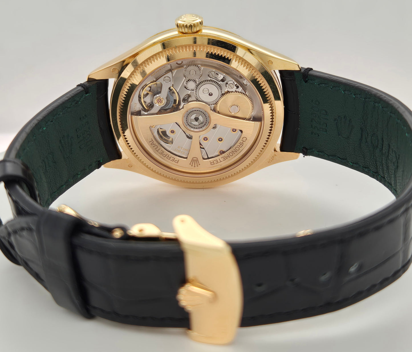 Rolex 1908 Black Dial Yellow Gold Leather Q1 52508 back