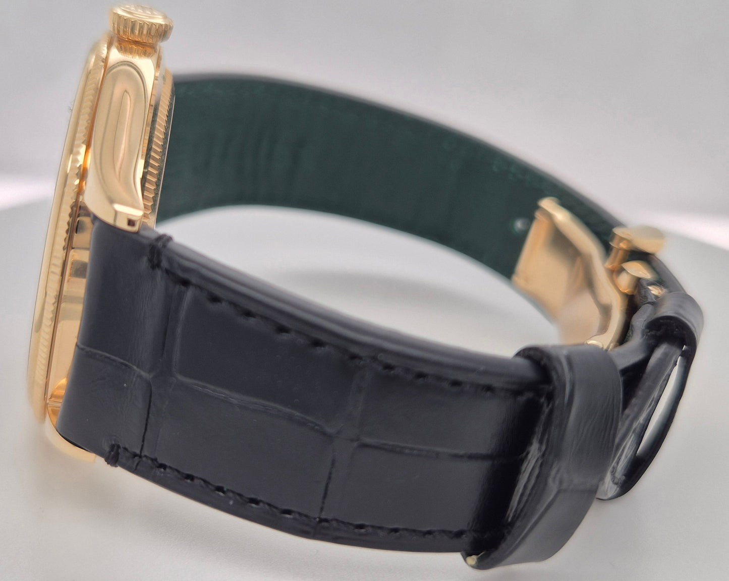Rolex 1908 Black Dial Yellow Gold Leather Q1 52508 side left