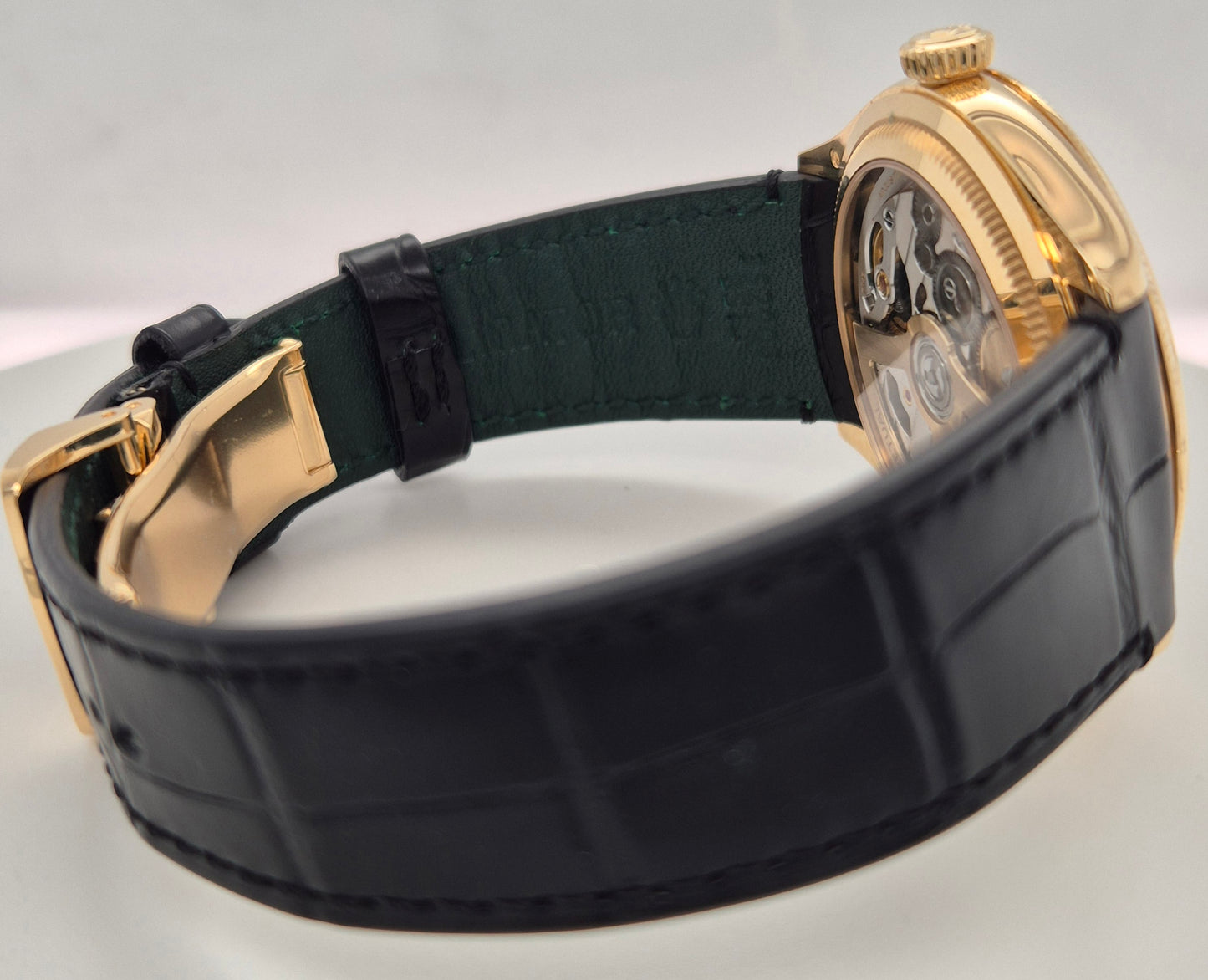 Rolex 1908 Black Dial Yellow Gold Leather Q1 52508 side right