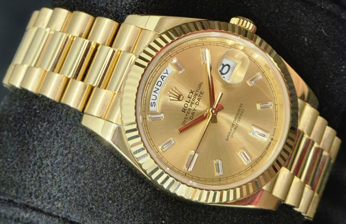 Rolex Day-Date 40 Yellow Gold Champagne Baguette Diamond Dial 228238 front left