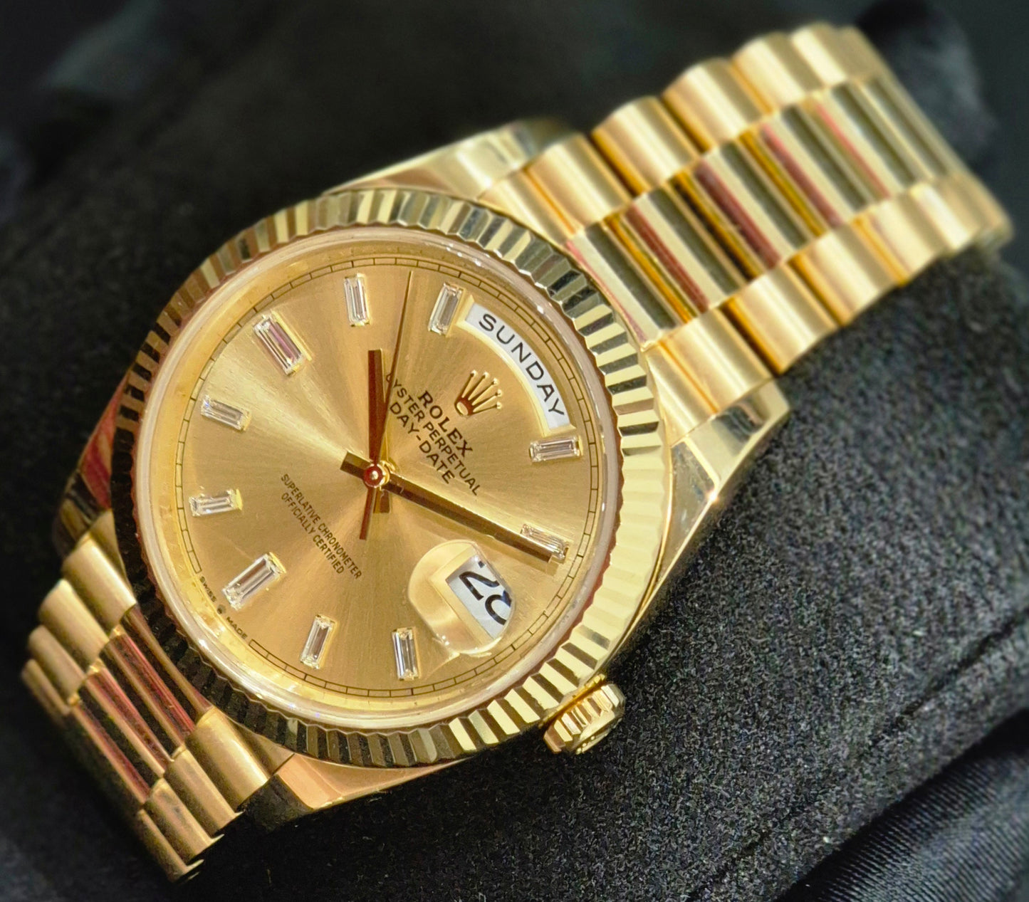 Rolex Day-Date 40 Yellow Gold Champagne Baguette Diamond Dial 228238 front right