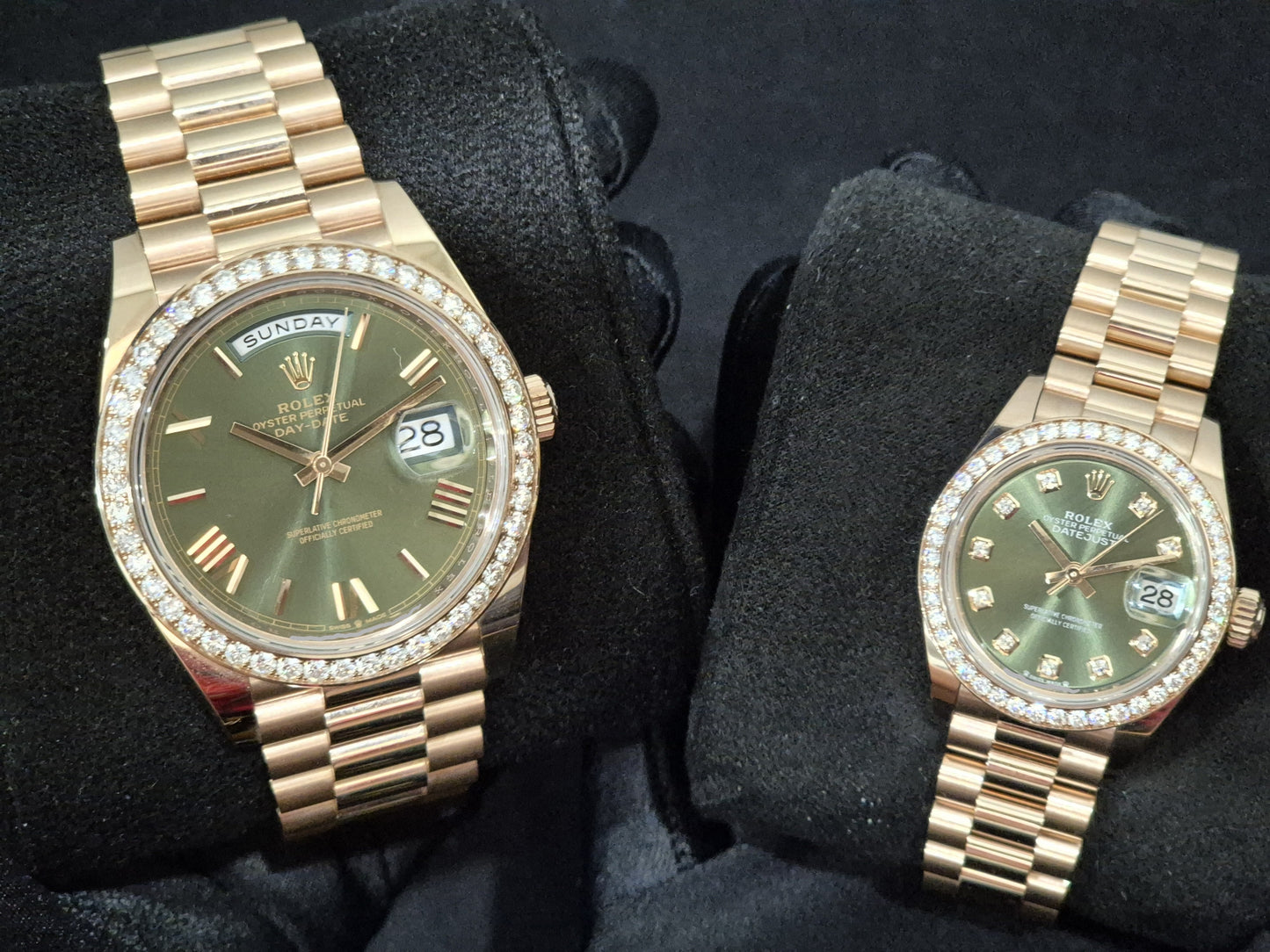 Rolex Day-Date 40 Factory Diamond Bezel Olive Green Roman Dial 228345RBR front his & hers
