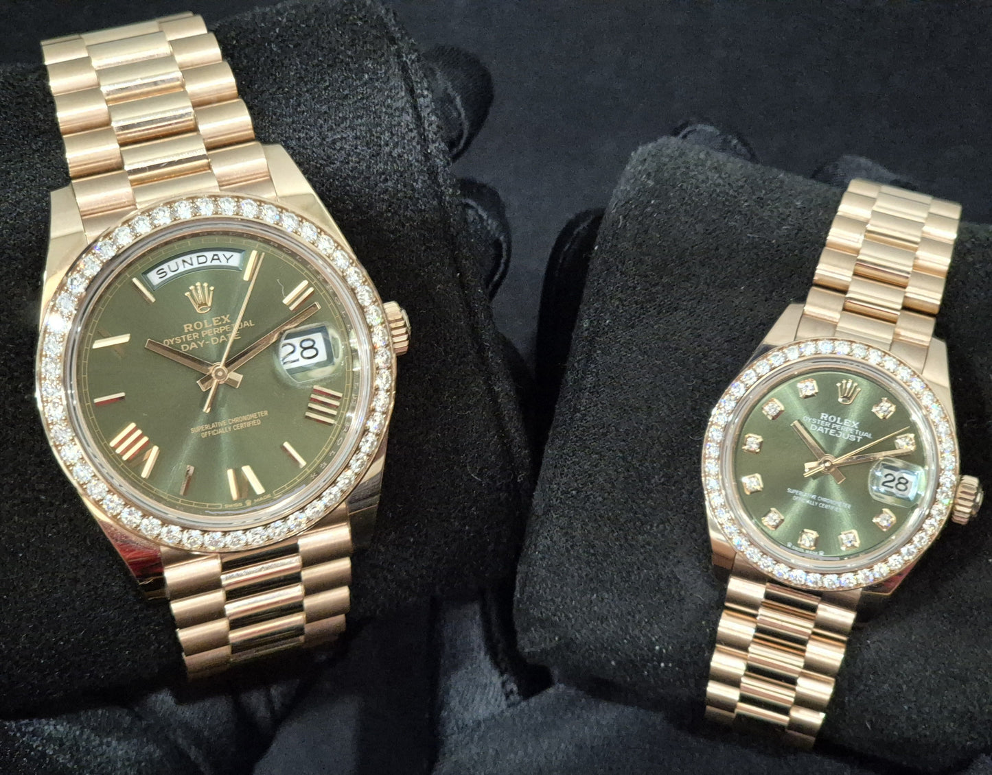 Rolex Lady-Datejust Presidential Olive Factory Diamond Set Bezel and Dial 279135RBR his & hers couples