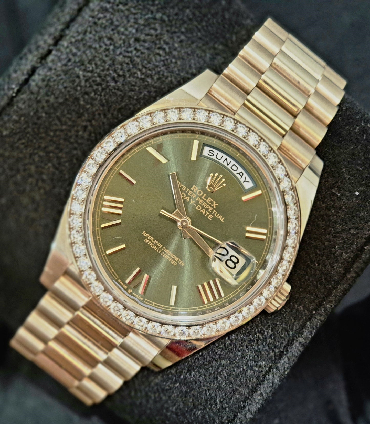 Rolex Day-Date 40 Factory Diamond Bezel Olive Green Roman Dial 228345RBR front right