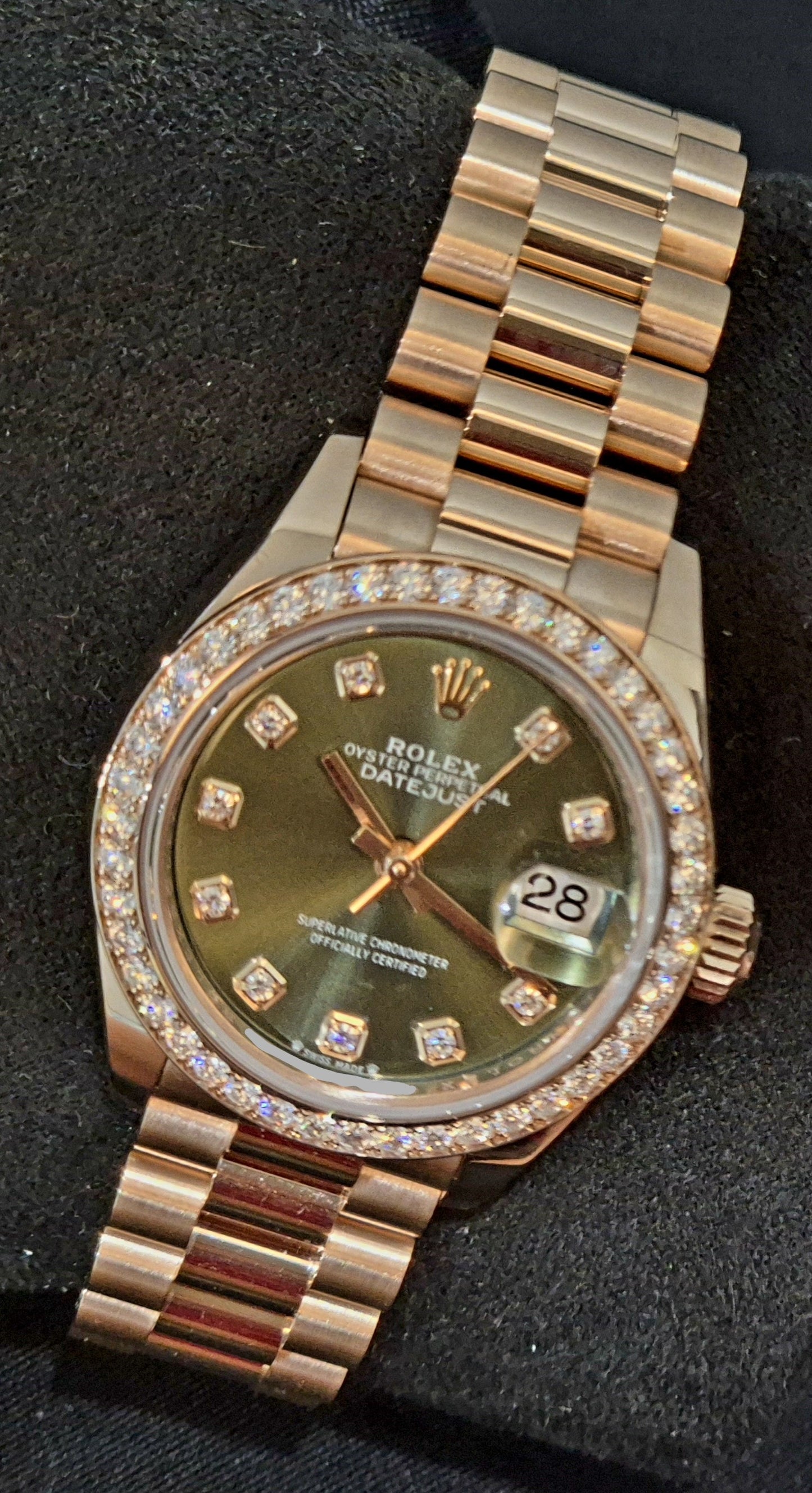 Rolex Lady-Datejust Presidential Olive Factory Diamond Set Bezel and Dial 279135RBR front right