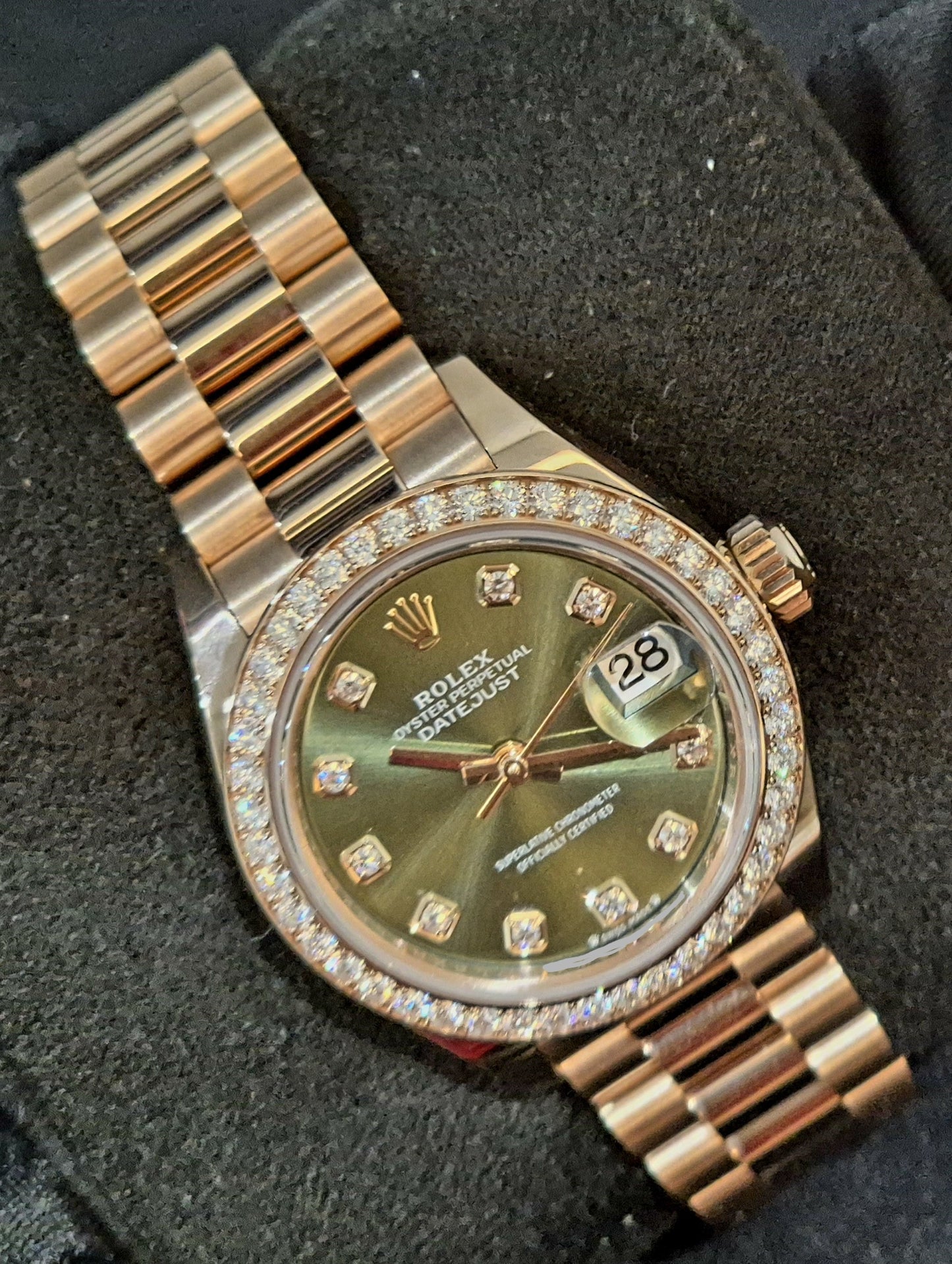 Rolex Lady-Datejust Presidential Olive Factory Diamond Set Bezel and Dial 279135RBR front left