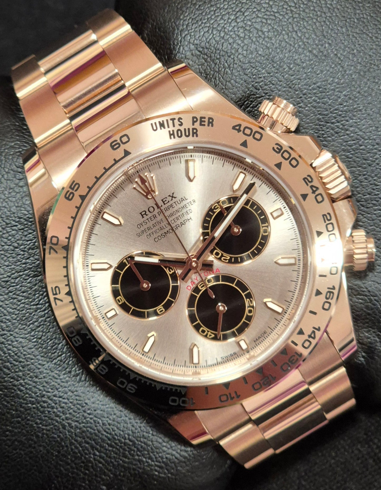 Rolex Cosmograph Daytona 18ct Everose Gold Sundust and Black Index Dial 126505 front left