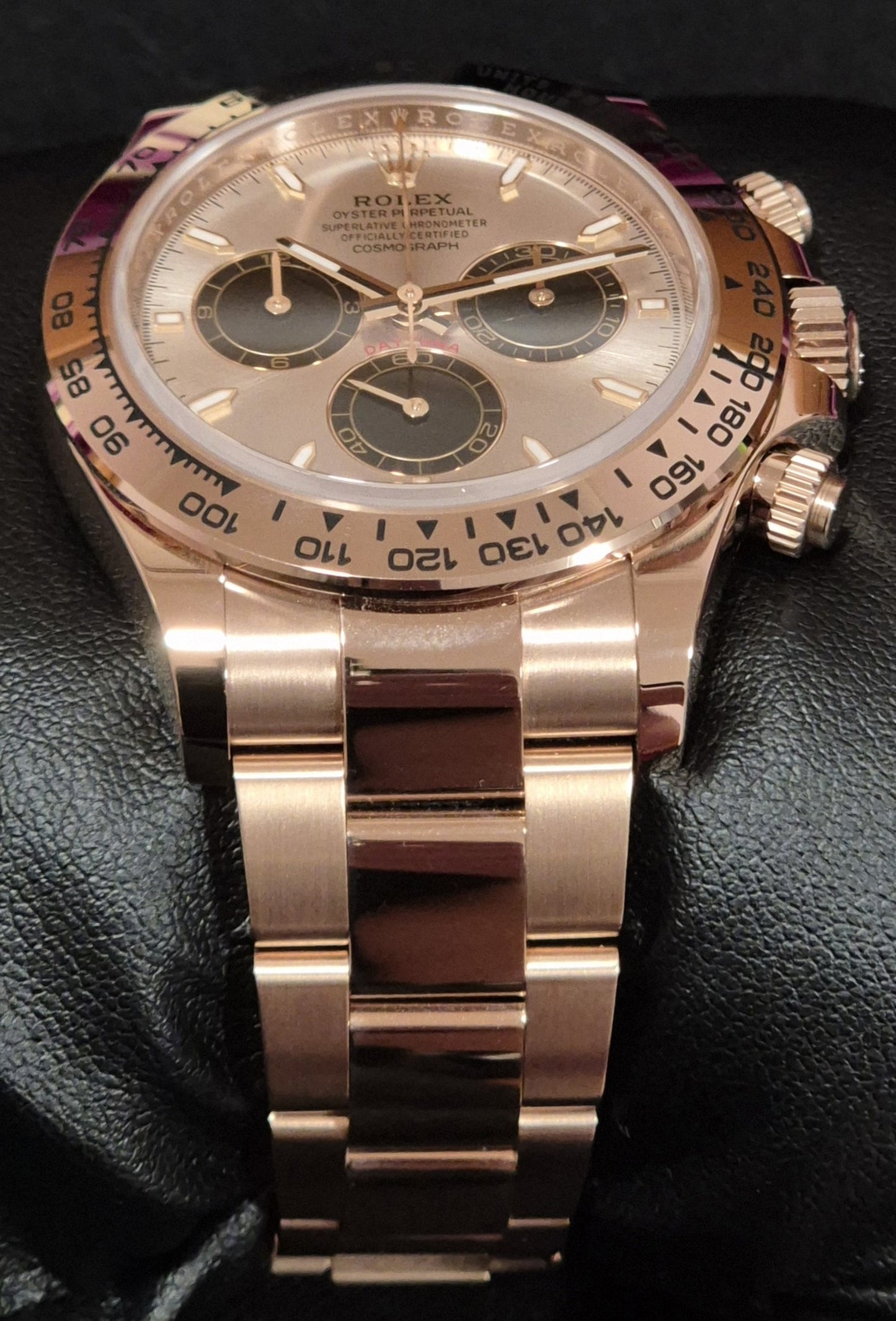 Rolex Cosmograph Daytona 18ct Everose Gold Sundust and Black Index Dial 126505 bracelet