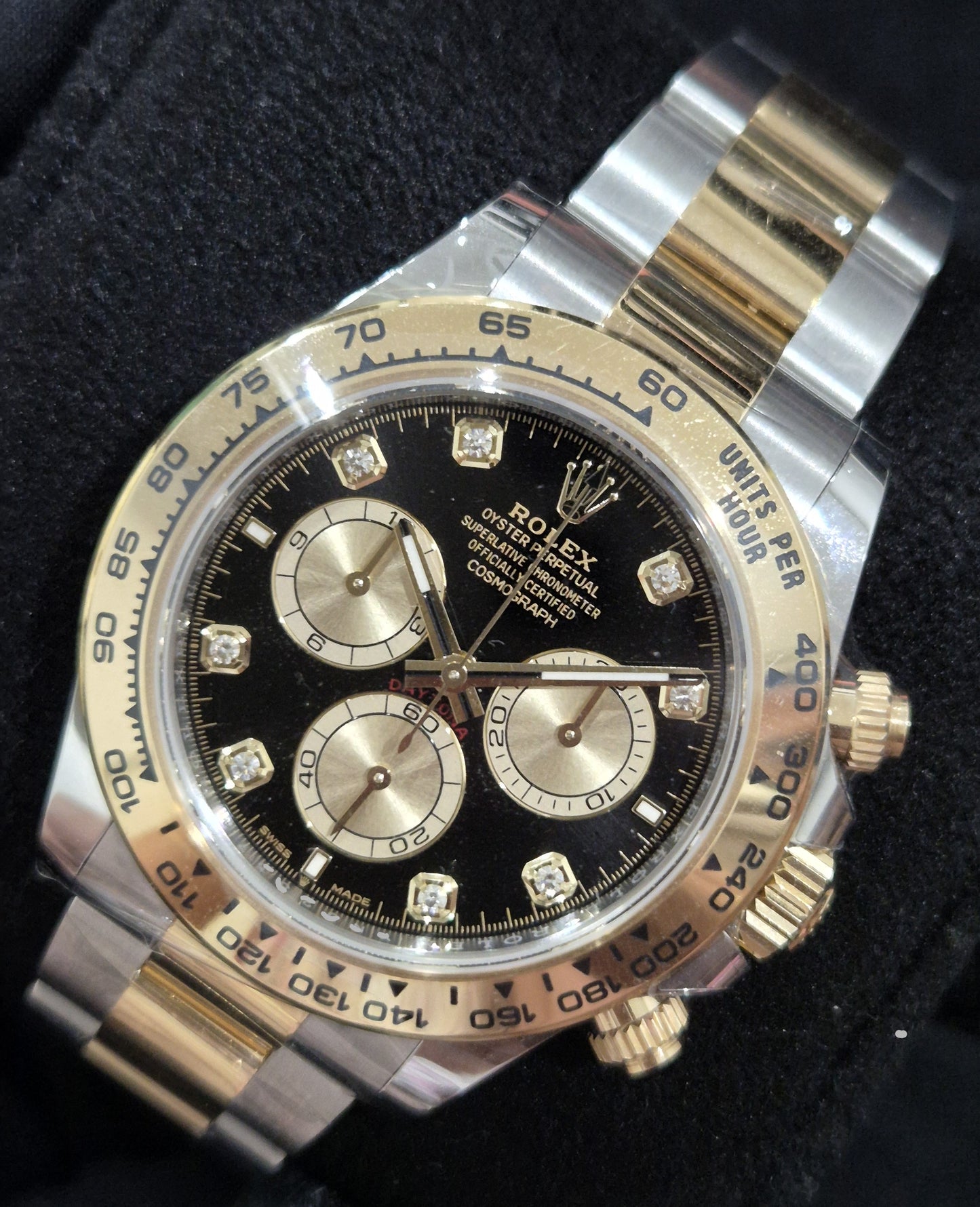 Rolex Daytona Two Tone Yellow Gold Black Diamond Dial 126503 front right