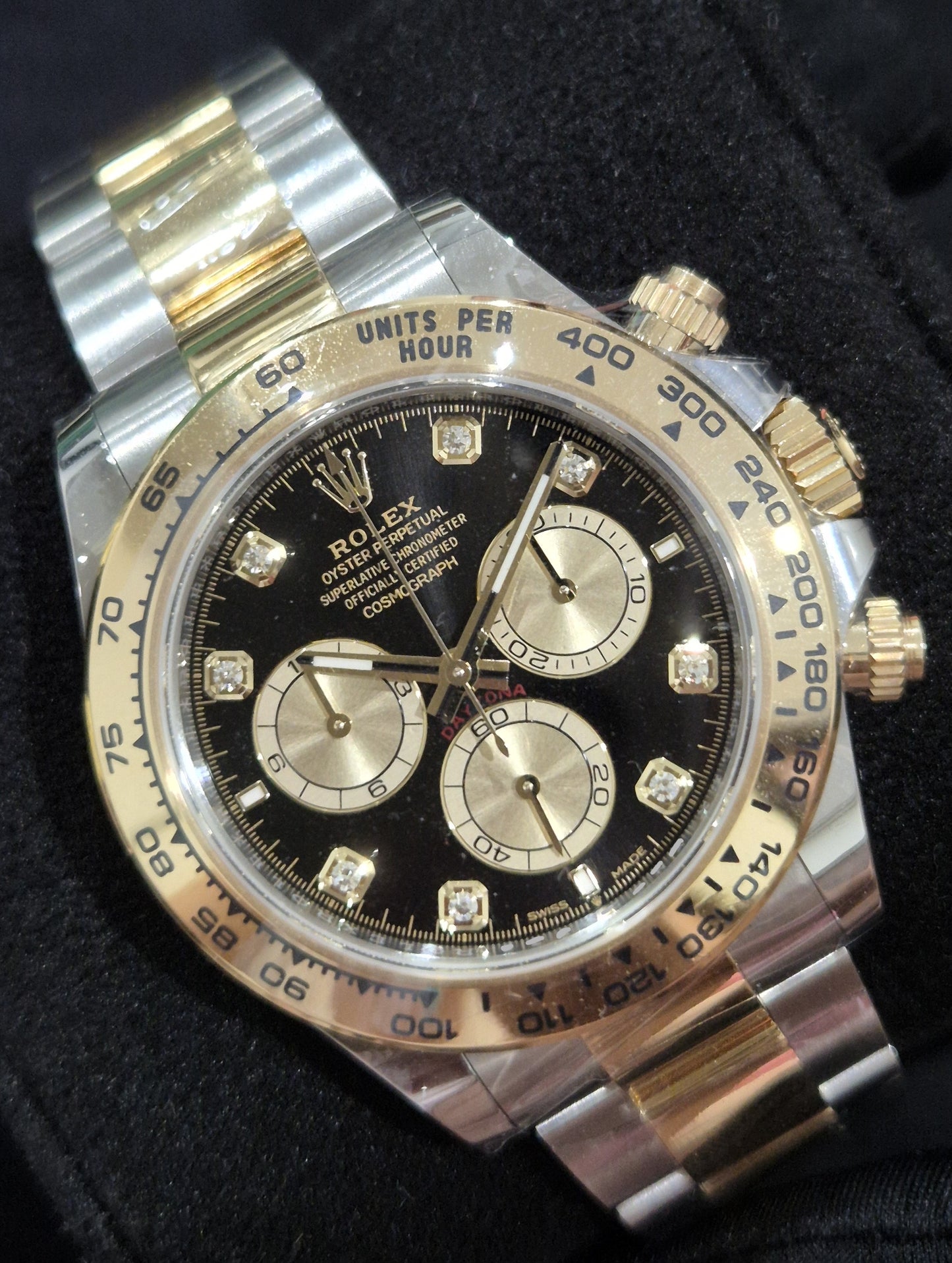 Rolex Daytona Two Tone Yellow Gold Black Diamond Dial 126503 front left