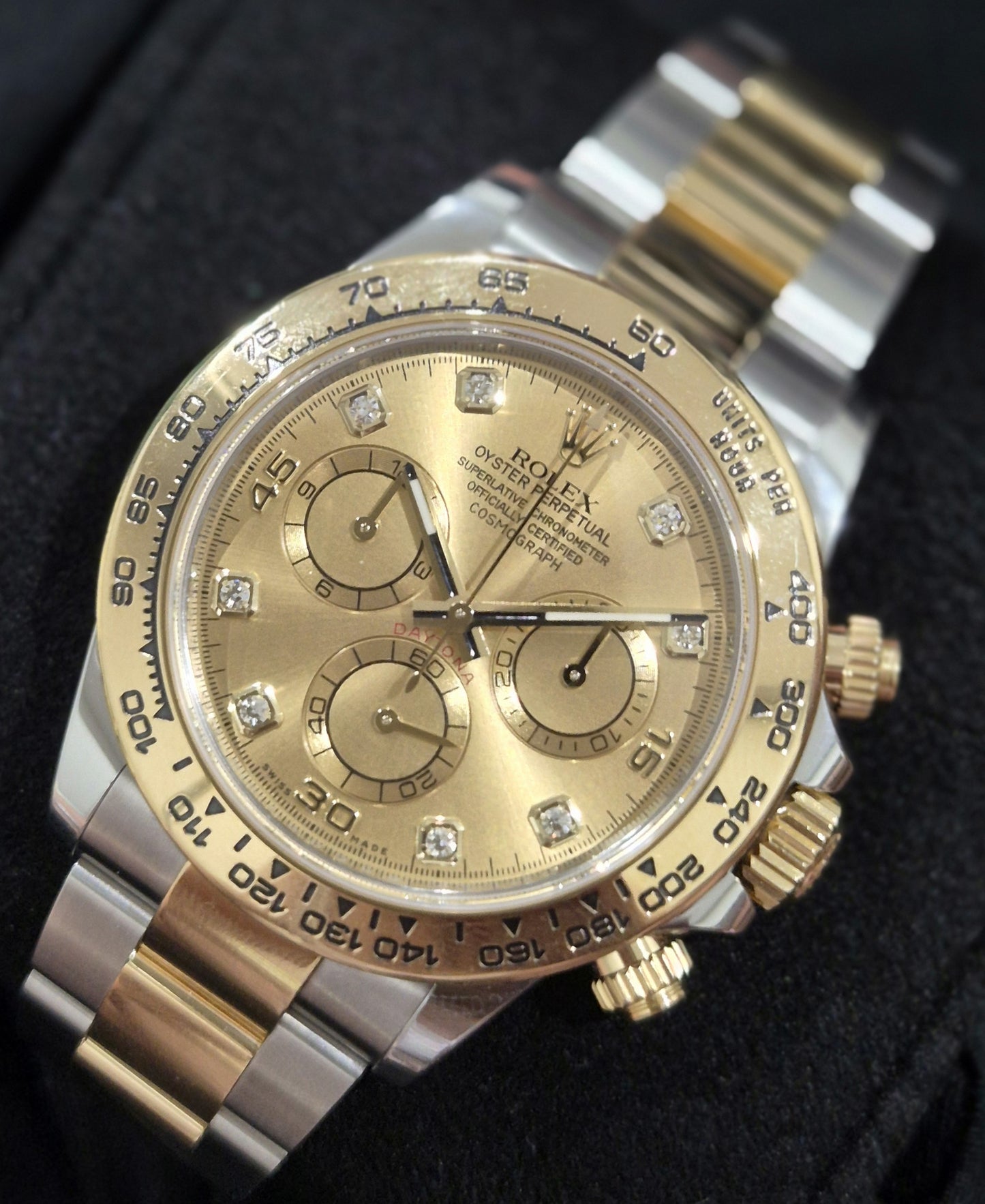 Rolex Cosmograph Daytona Two Tone Gold Diamond Dial 116503 front right