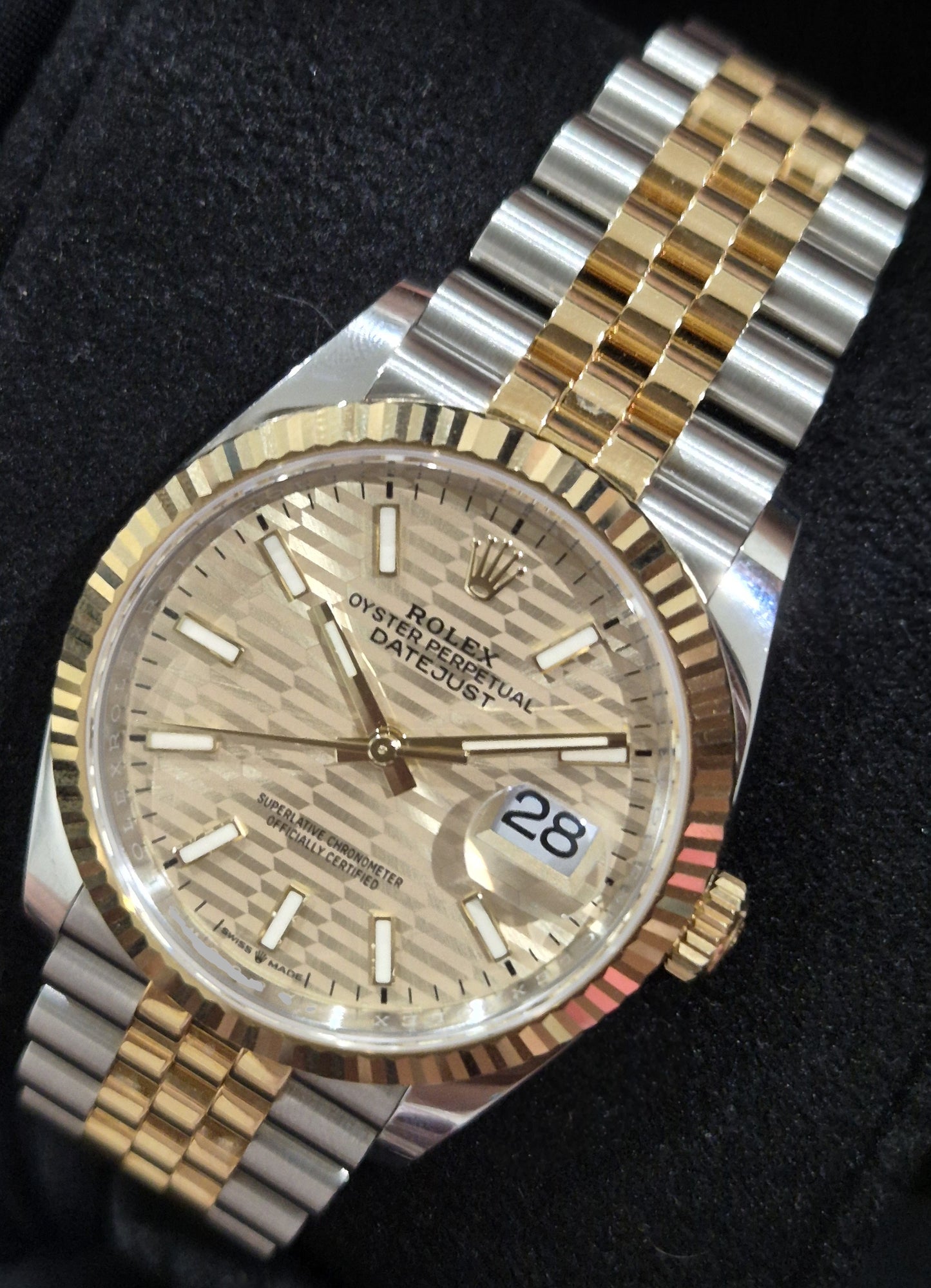 Rolex Datejust 36 Two Tone Yellow Gold 'Sticks' Motif Dial 126233 front right