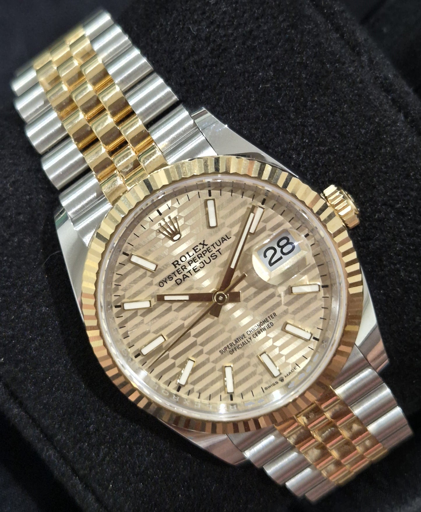Rolex Datejust 36 Two Tone Yellow Gold 'Sticks' Motif Dial 126233 front left