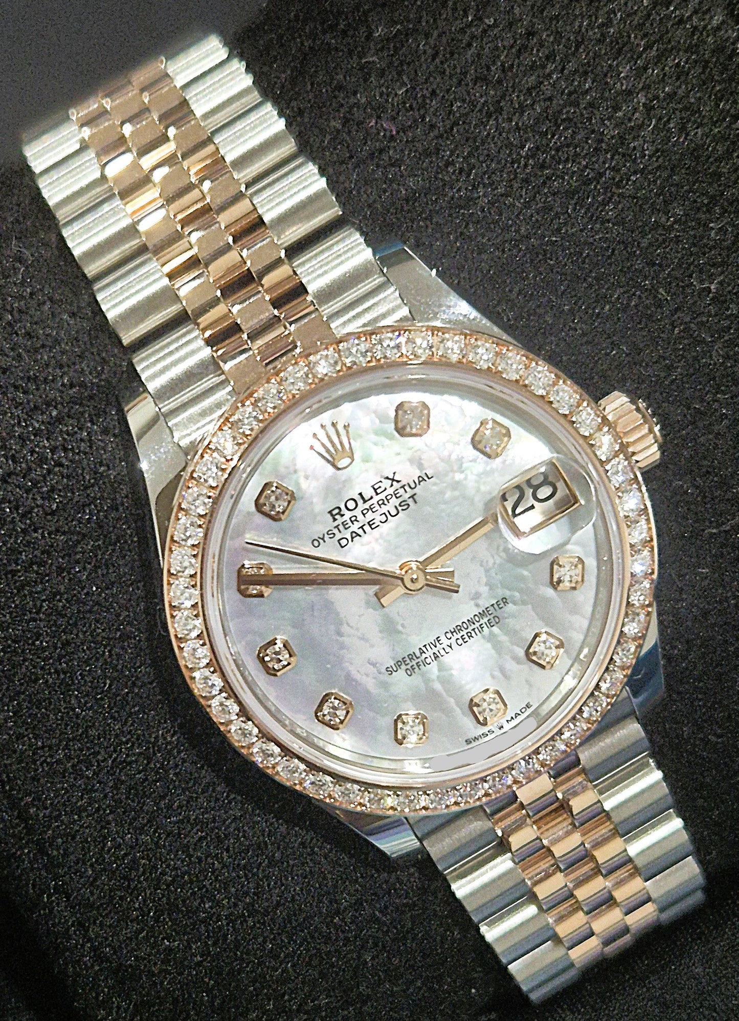 Rolex Datejust 31 "MOP" Mother of Pearl Dial with Factory-Set Diamond Bezel 278381RBR front left