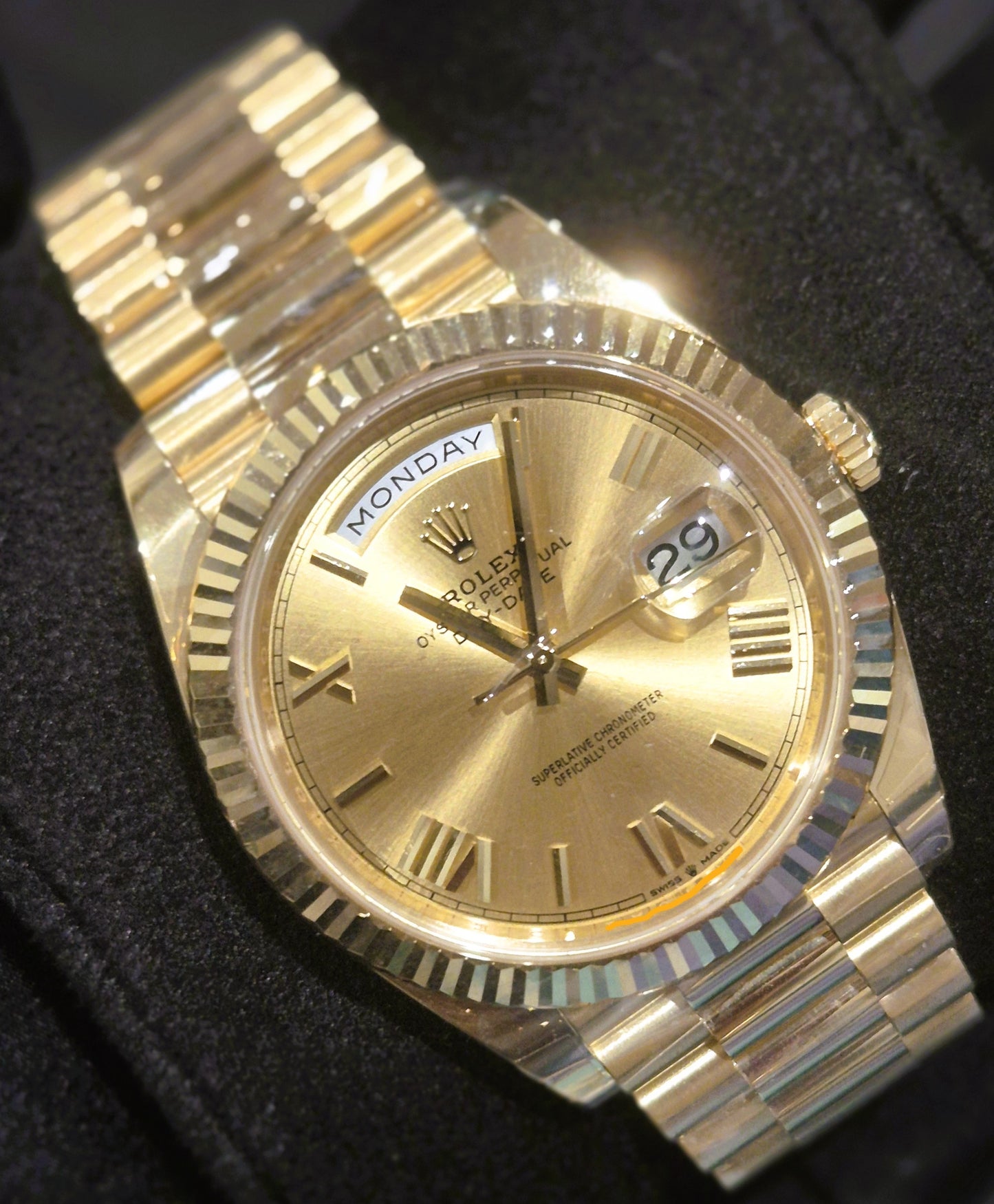 Rolex Day-Date 40 Yellow Gold Champagne Roman Dial 228238 front left