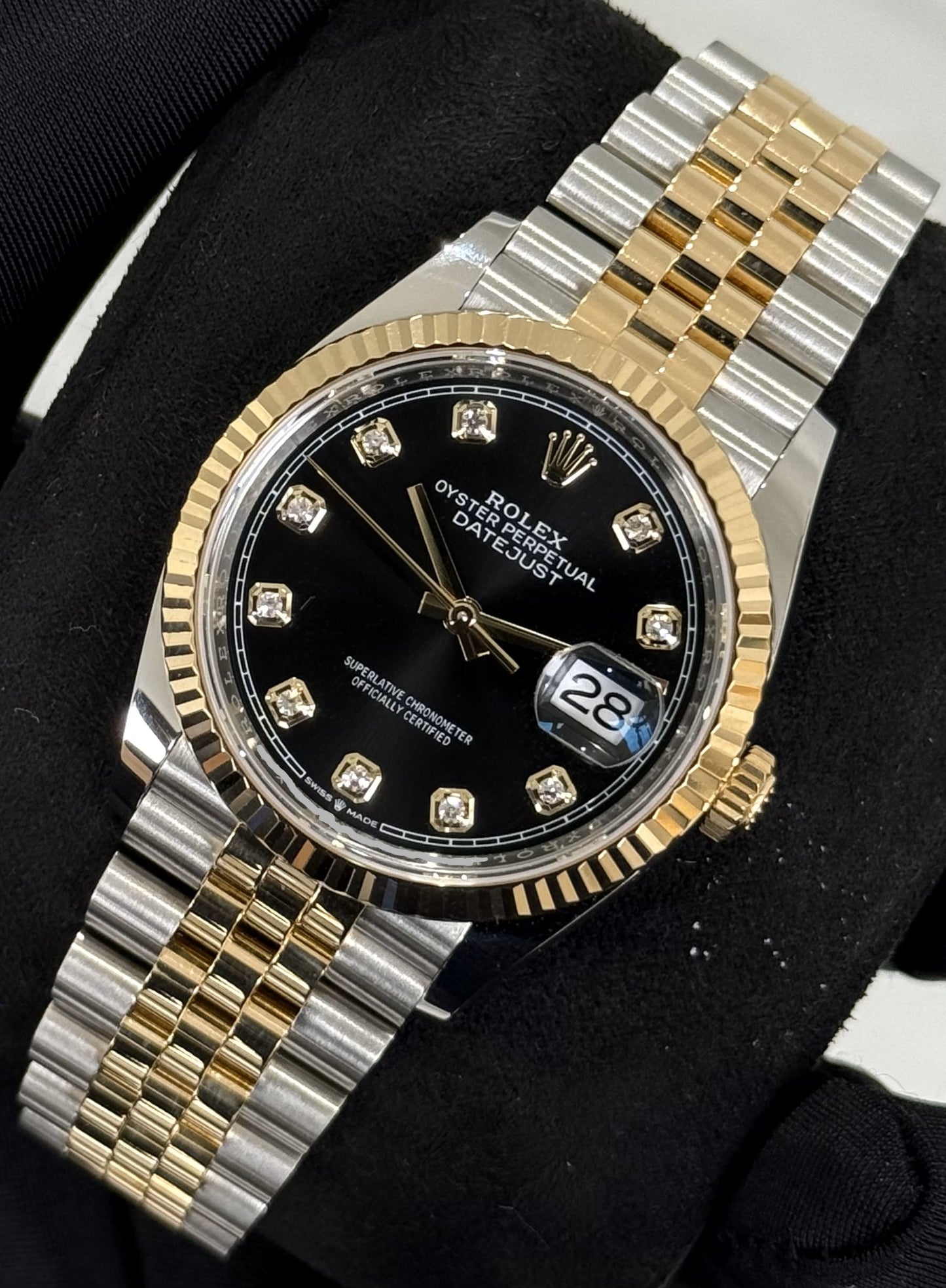 Rolex Datejust 36 Two Tone Yellow Gold Black with Diamonds Dial 126233 front right