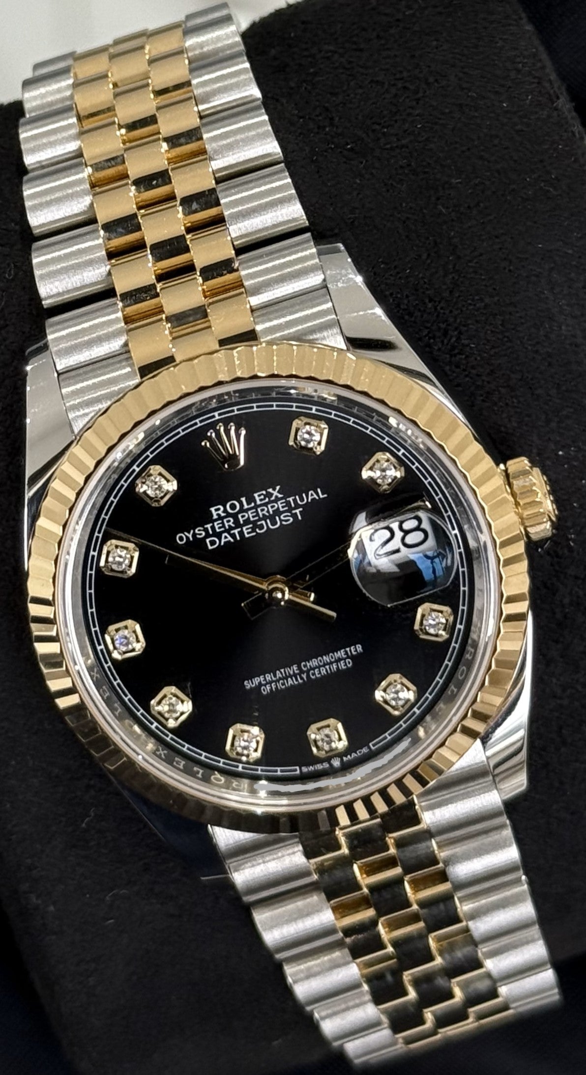 Rolex Datejust 36 Two Tone Yellow Gold Black with Diamonds Dial 126233 front left