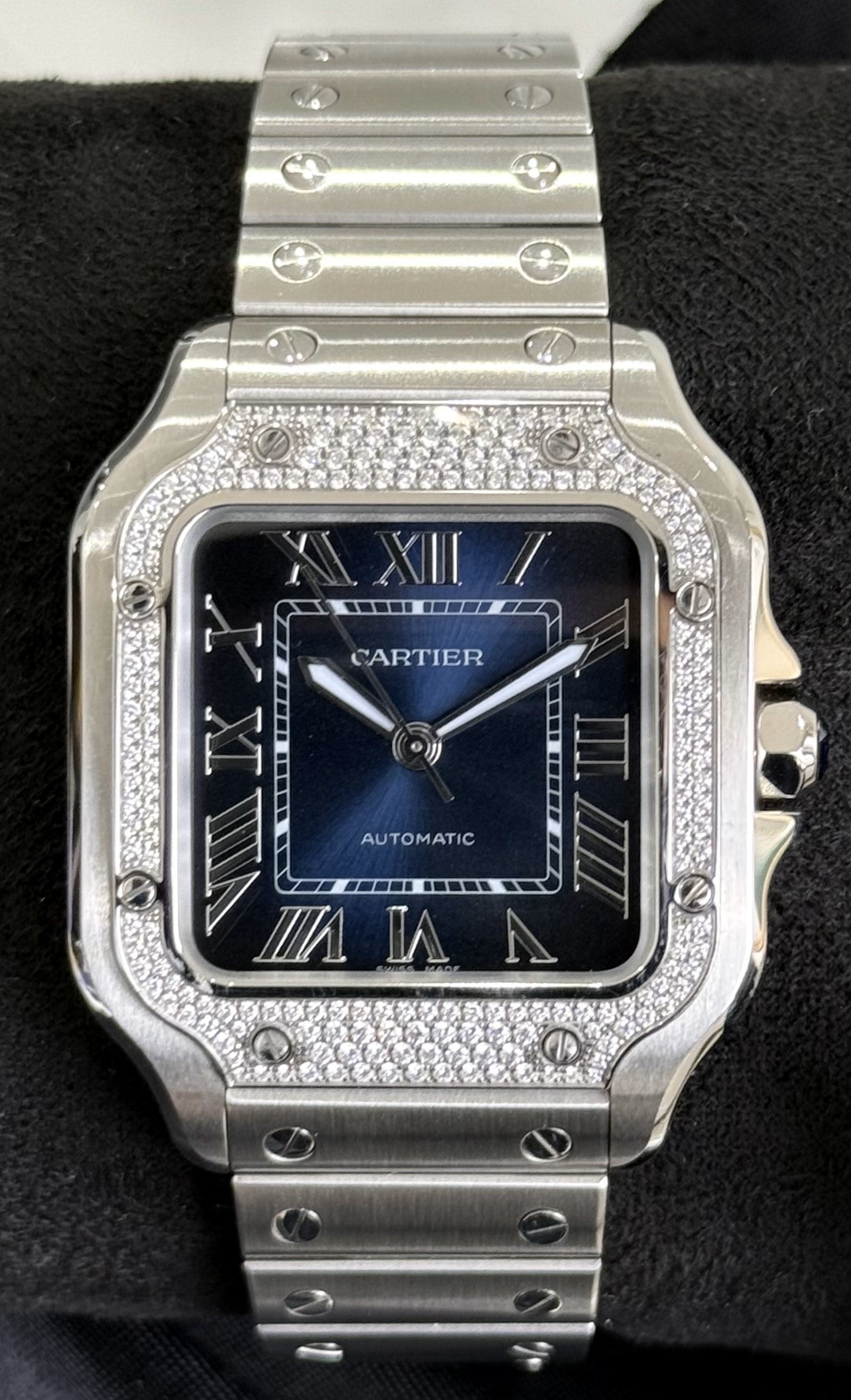 Cartier Santos De Cartier Medium Model Diamond Blue Steel W4SA0006