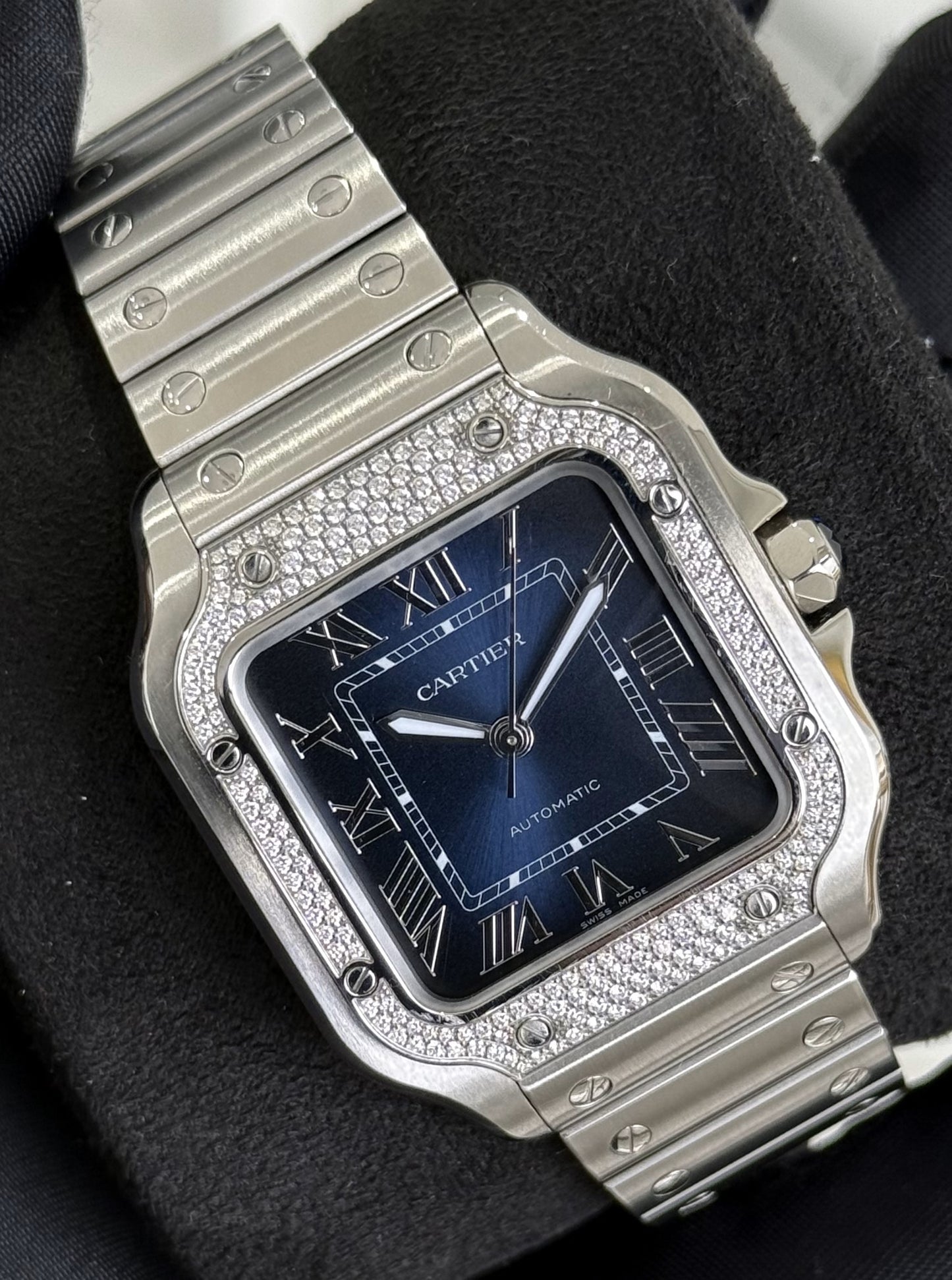 Cartier Santos De Cartier Medium Model Diamond Blue Steel W4SA0006 front left
