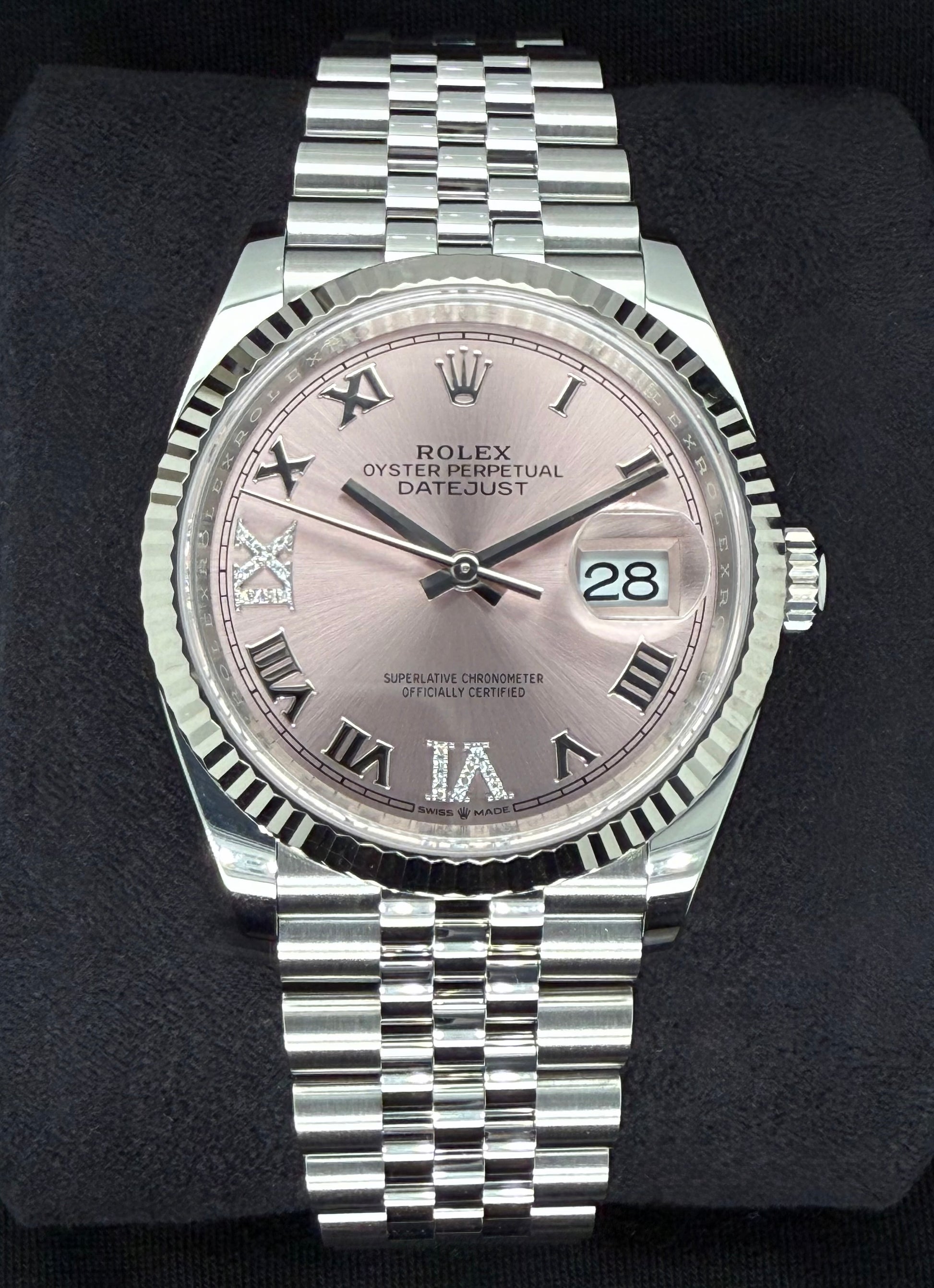 Rolex Datejust 36 Fluted Bezel Stainless Steel Pink Diamond Set Dial - Roman VI and IX Jubilee 126234