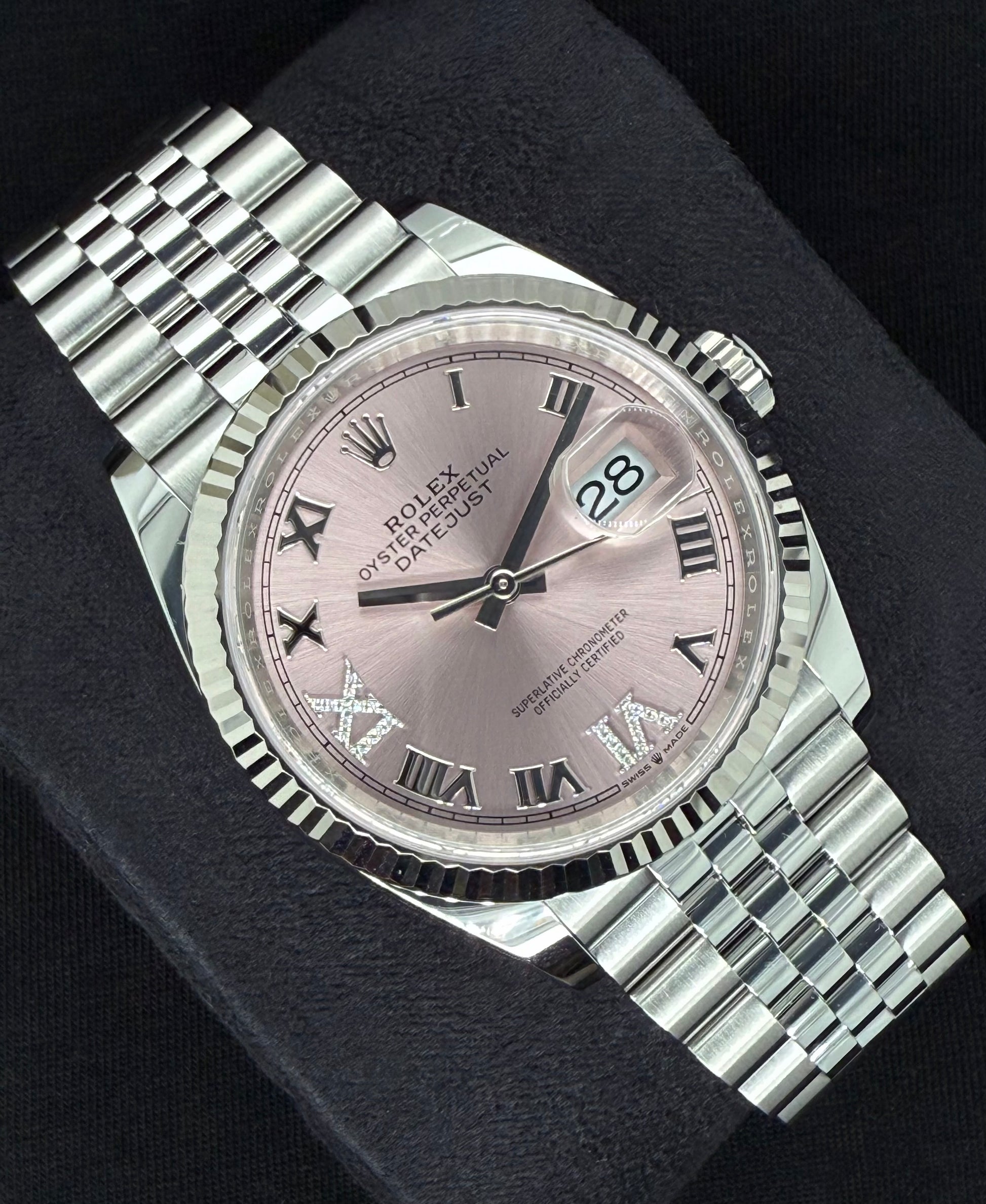 Rolex Datejust 36 Fluted Bezel Stainless Steel Pink Diamond Set Dial - Roman VI and IX Jubilee 126234 left