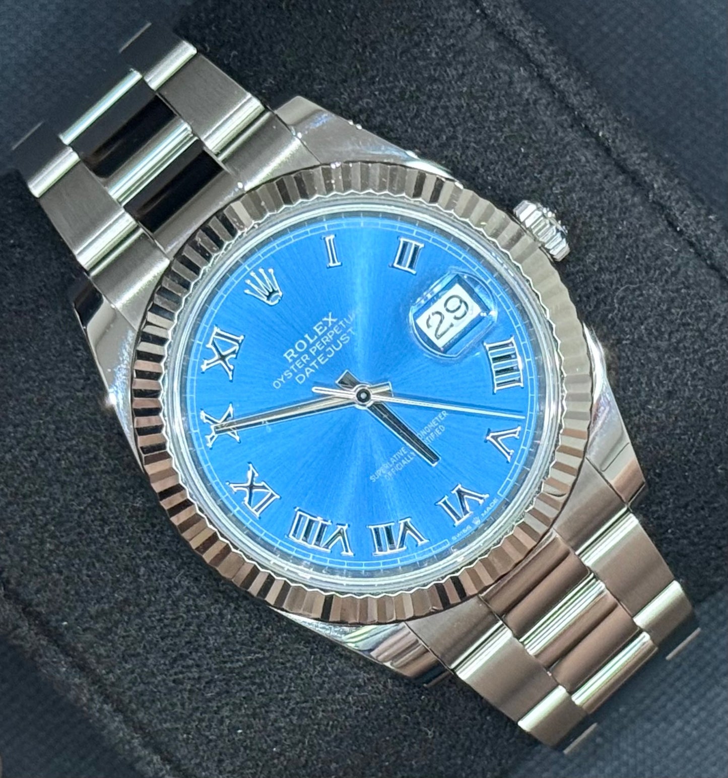 Rolex Datejust 41 Azzurro Blue Roman Fluted Oyster 126334 front left