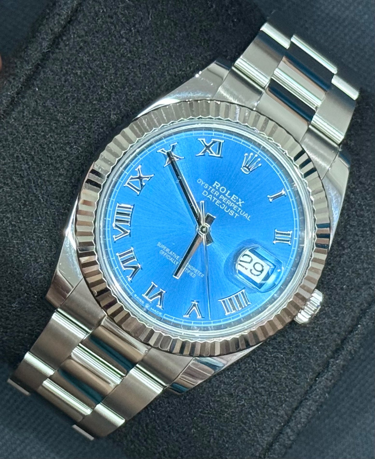 Rolex Datejust 41 Azzurro Blue Roman Fluted Oyster 126334 front right