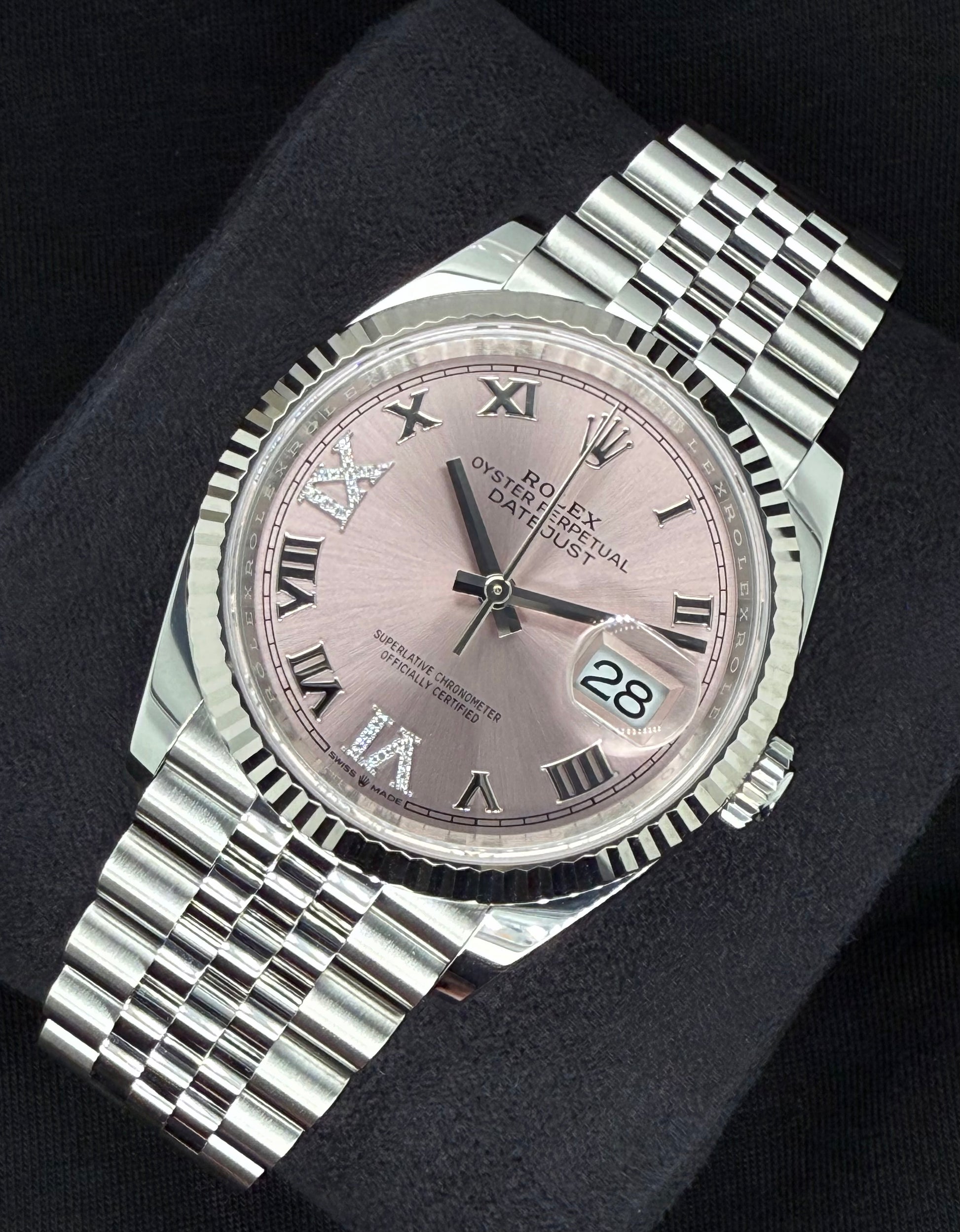 Rolex Datejust 36 Fluted Bezel Stainless Steel Pink Diamond Set Dial - Roman VI and IX Jubilee 126234 right