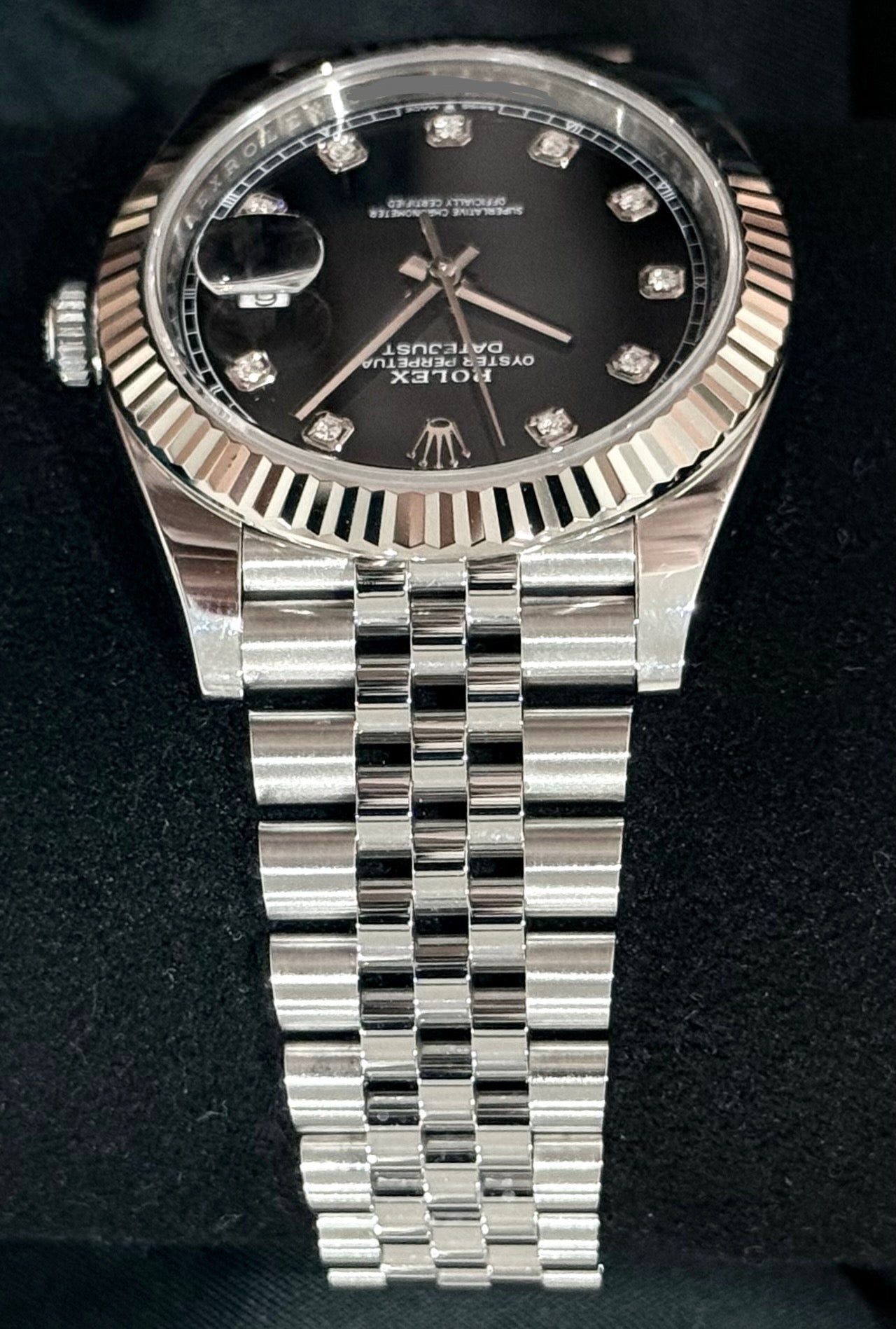 Rolex Datejust 41 Black Diamond Dial Jubilee 126334 strap left