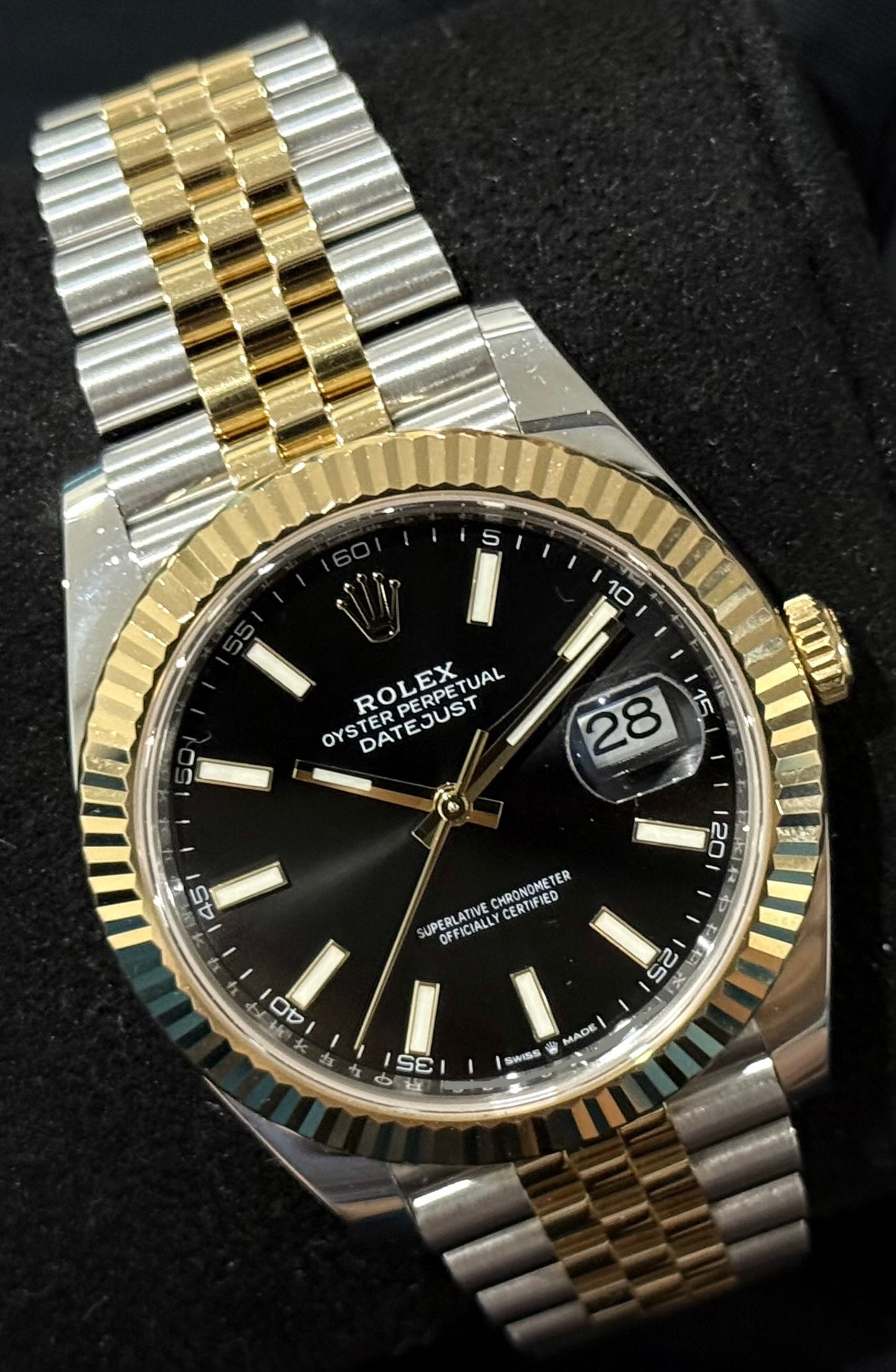 Rolex Datejust 41 Two Tone Yellow Gold with Black 'Sticks' Dial Jubilee 126334 front left