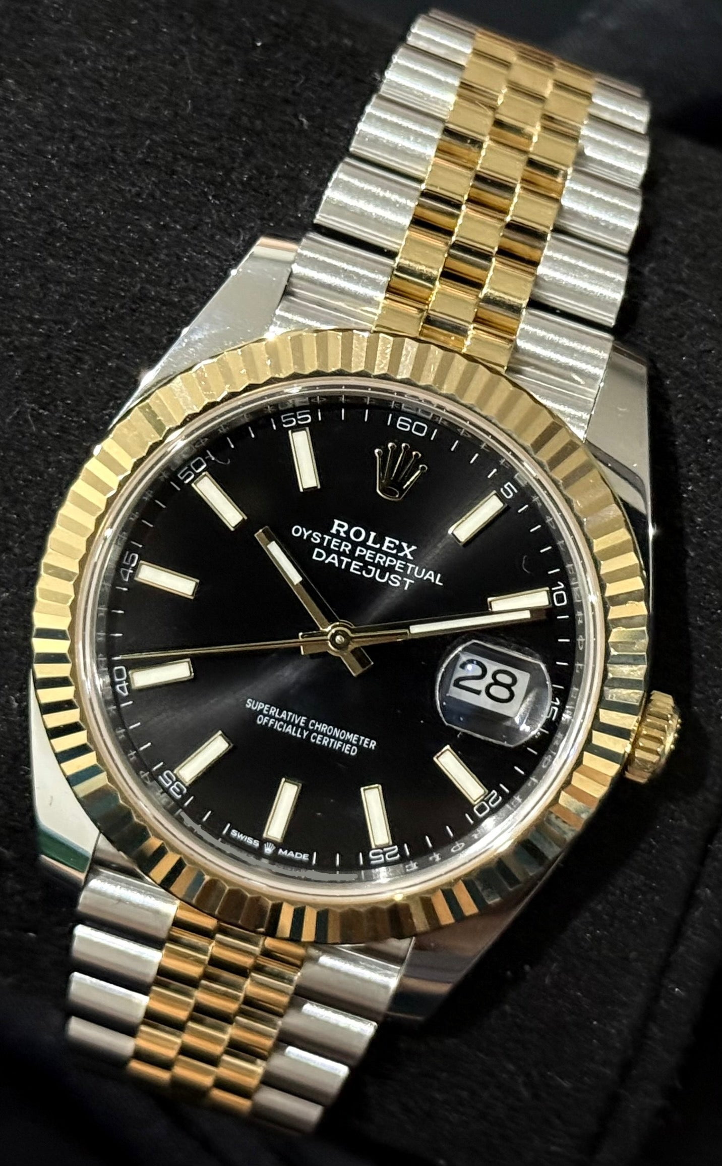 Rolex Datejust 41 Two Tone Yellow Gold with Black 'Sticks' Dial Jubilee 126334 front right