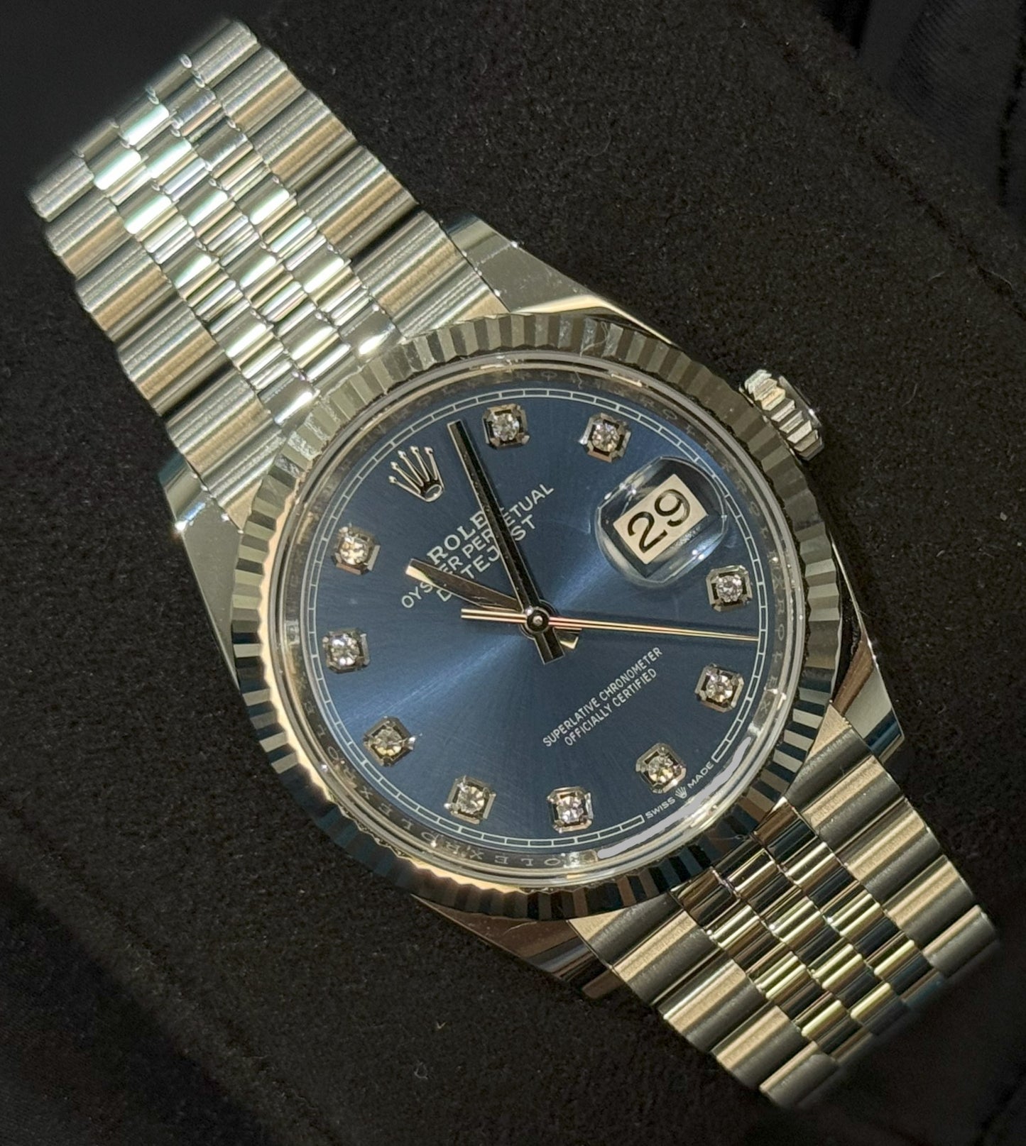 Rolex Datejust 36 Blue Diamond Dial Fluted Jubilee 126234 front left