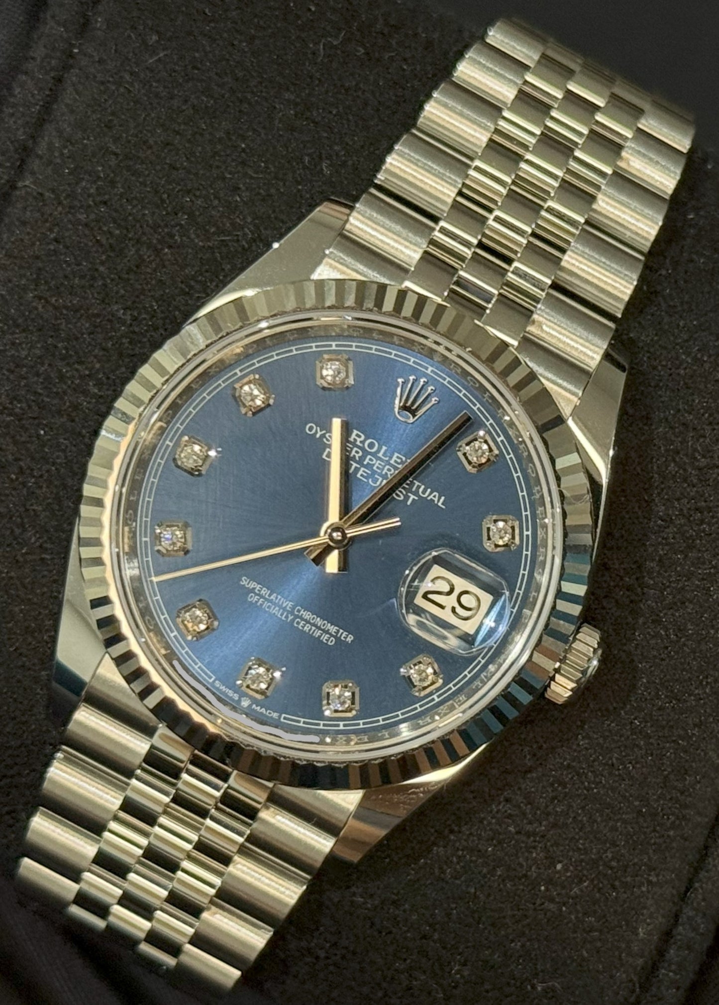Rolex Datejust 36 Blue Diamond Dial Fluted Jubilee 126234 front right