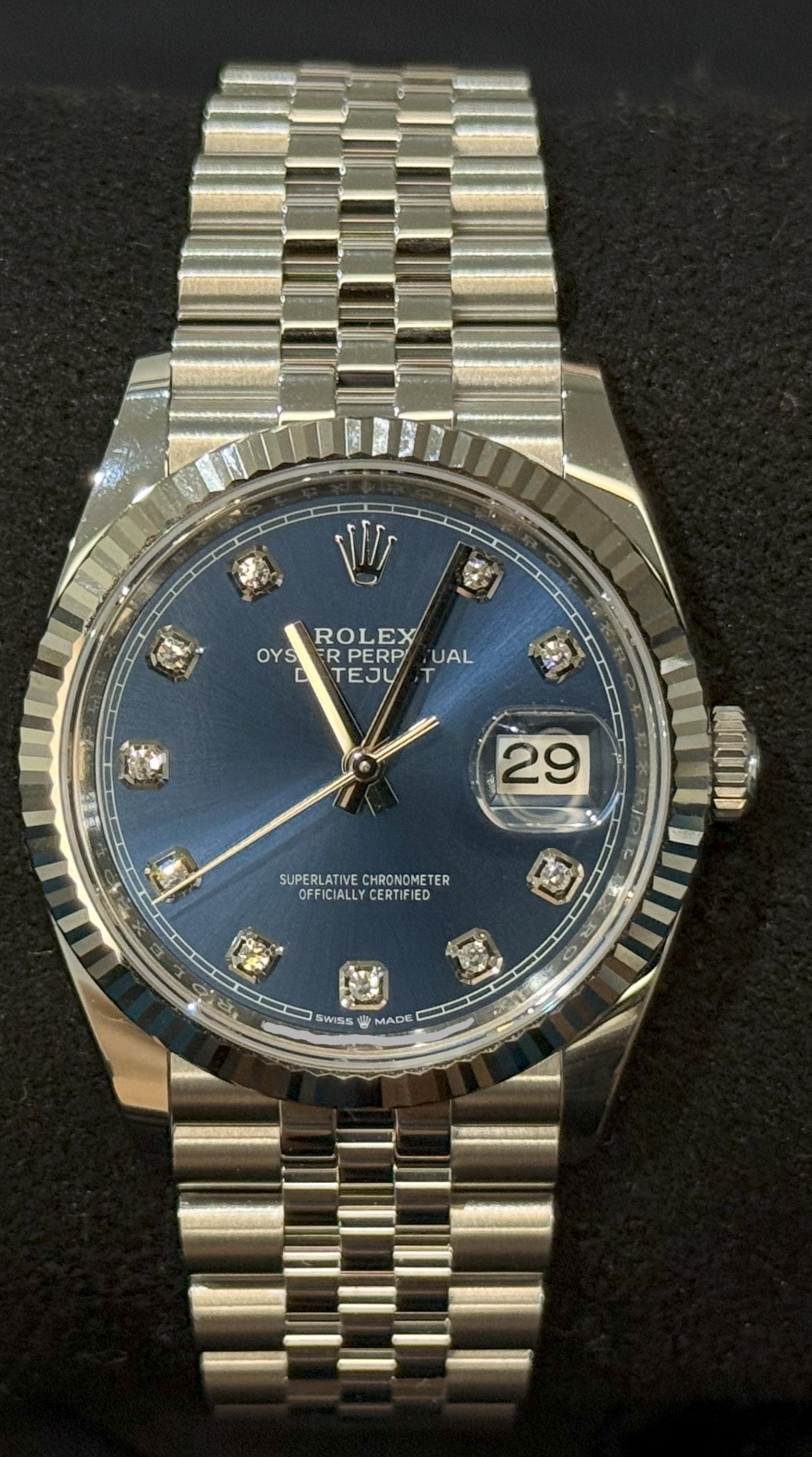 Rolex Datejust 36 Blue Diamond Dial Fluted Jubilee 126234 front 1