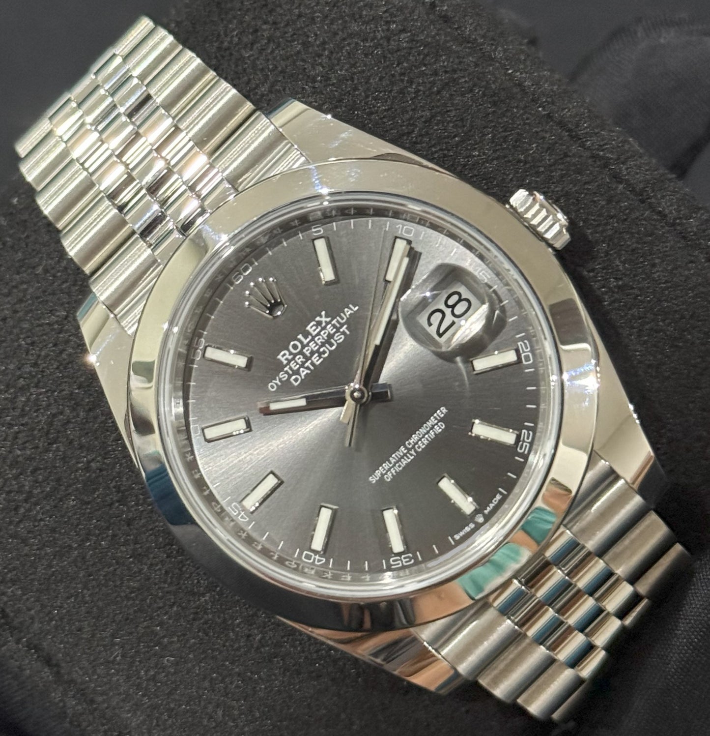 Rolex Datejust 41 Rhodium Grey 'Sticks' Steel Jubilee Smooth 126300 front left