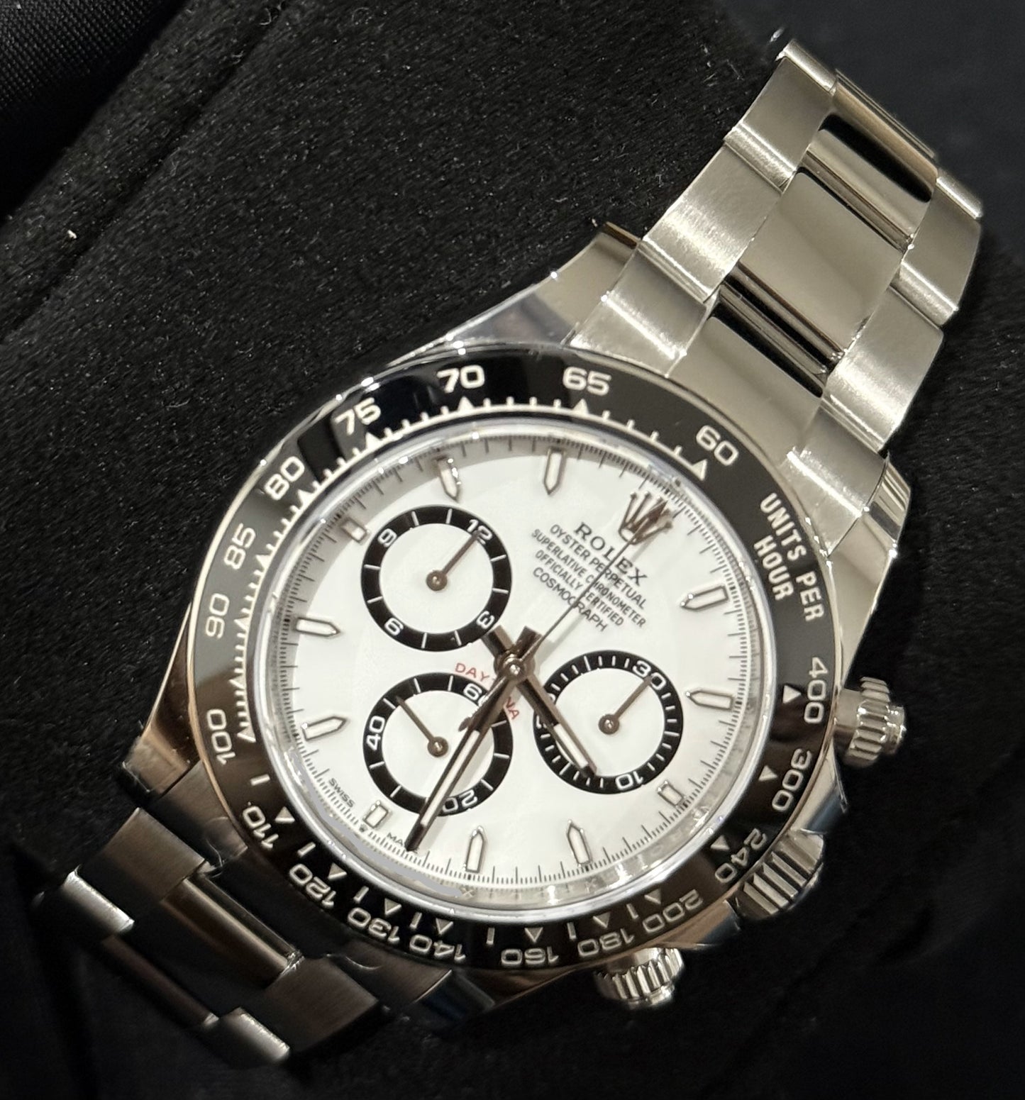 Rolex Daytona White Panda Ceramic Oystersteel 126500LN front right