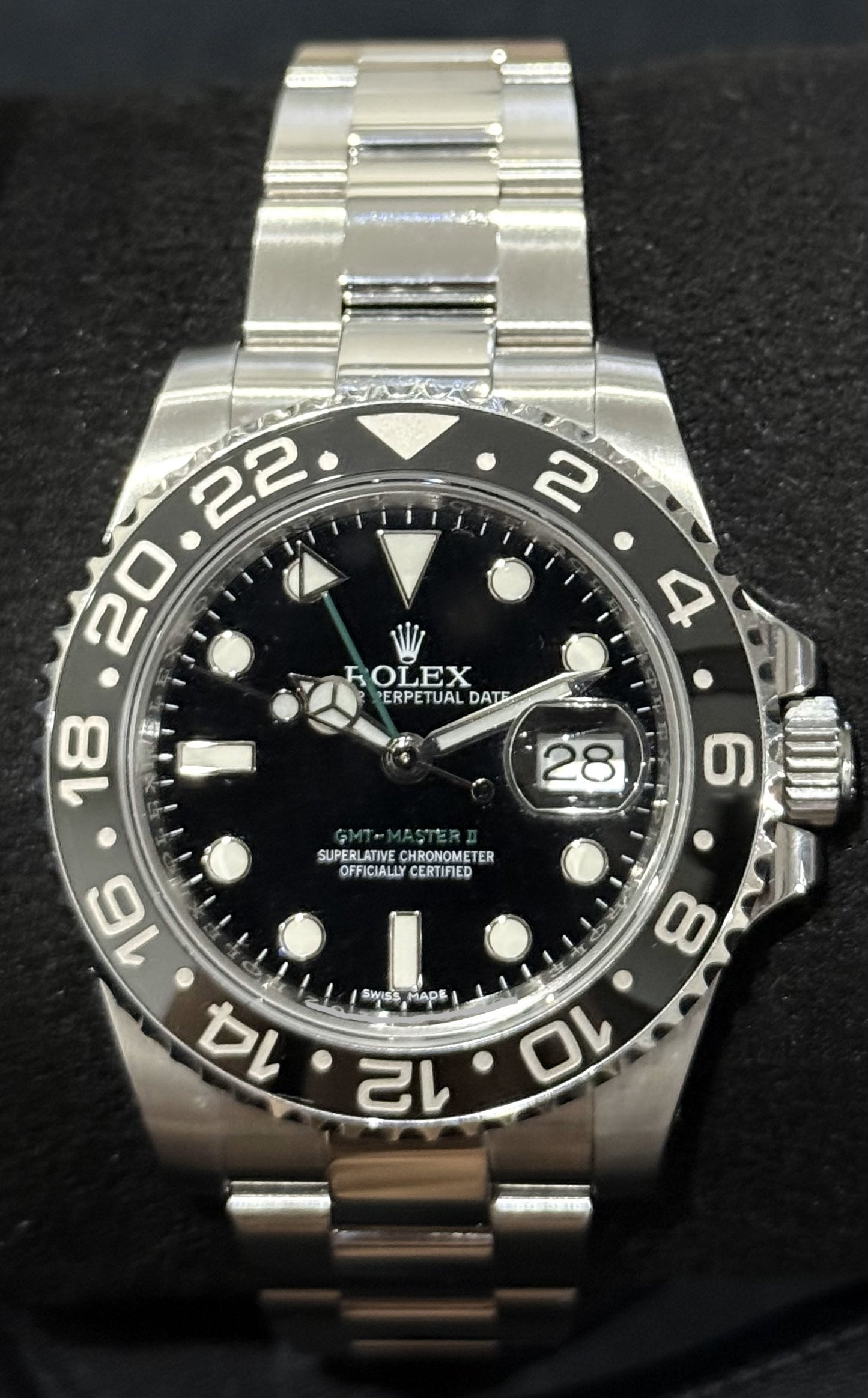 Rolex GMT-Master II Black Dial Green Arrow Hand 116710LN front